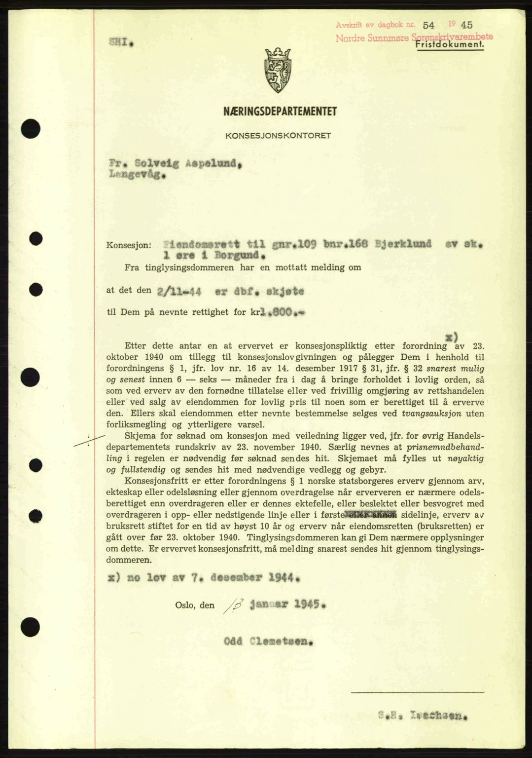 Nordre Sunnmøre sorenskriveri, AV/SAT-A-0006/1/2/2C/2Ca: Pantebok nr. B6-14 a, 1942-1945, Dagboknr: 54/1945