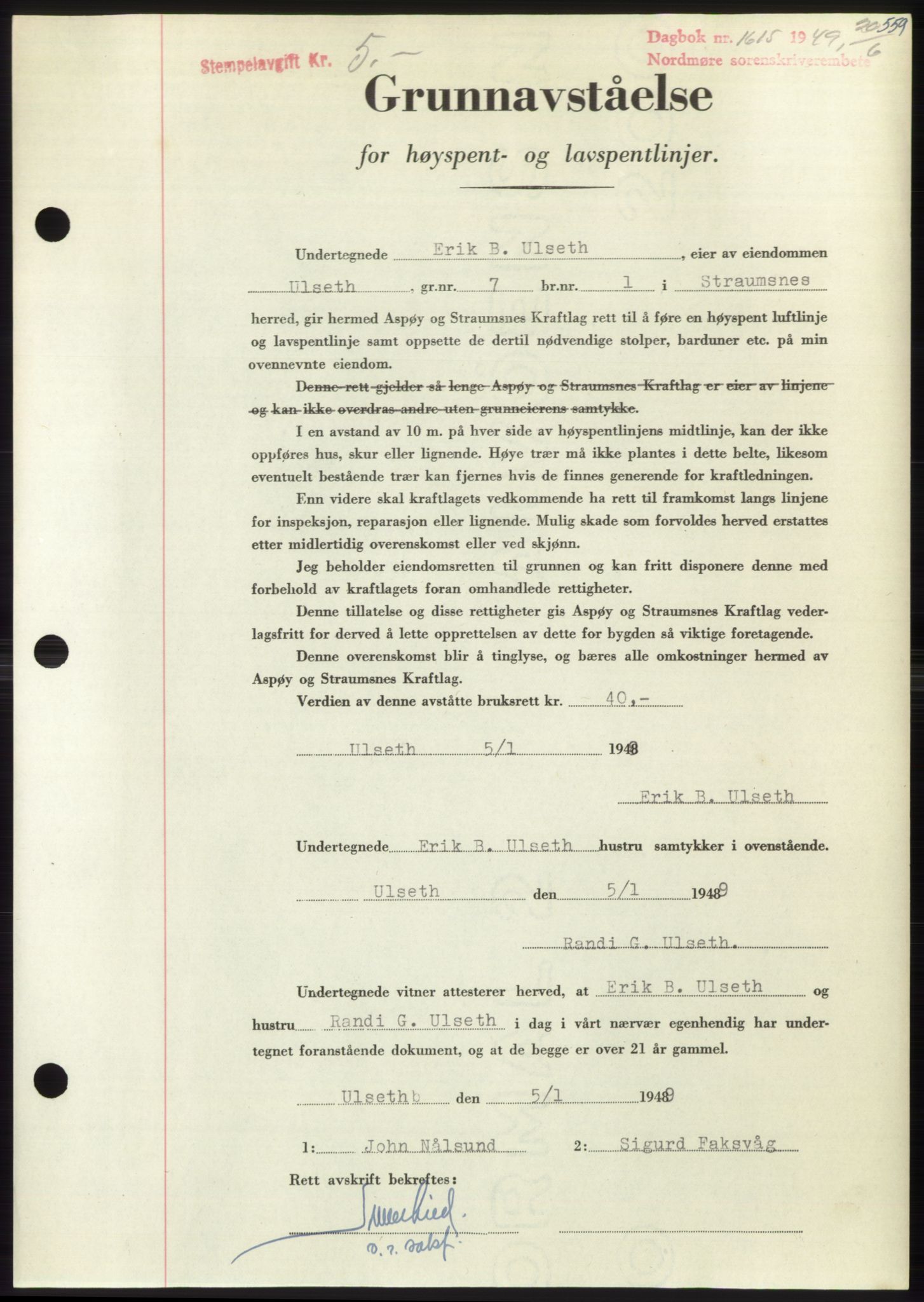 Nordmøre sorenskriveri, SAT/A-4132/1/2/2Ca: Pantebok nr. B101, 1949-1949, Dagboknr: 1615/1949