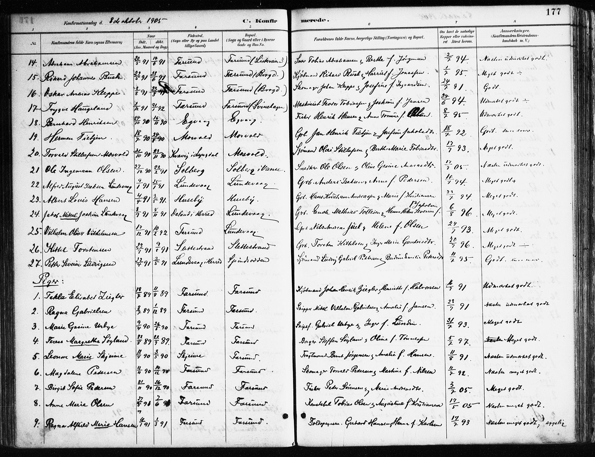 Farsund sokneprestkontor, AV/SAK-1111-0009/F/Fa/L0006: Ministerialbok nr. A 6, 1887-1920, s. 177