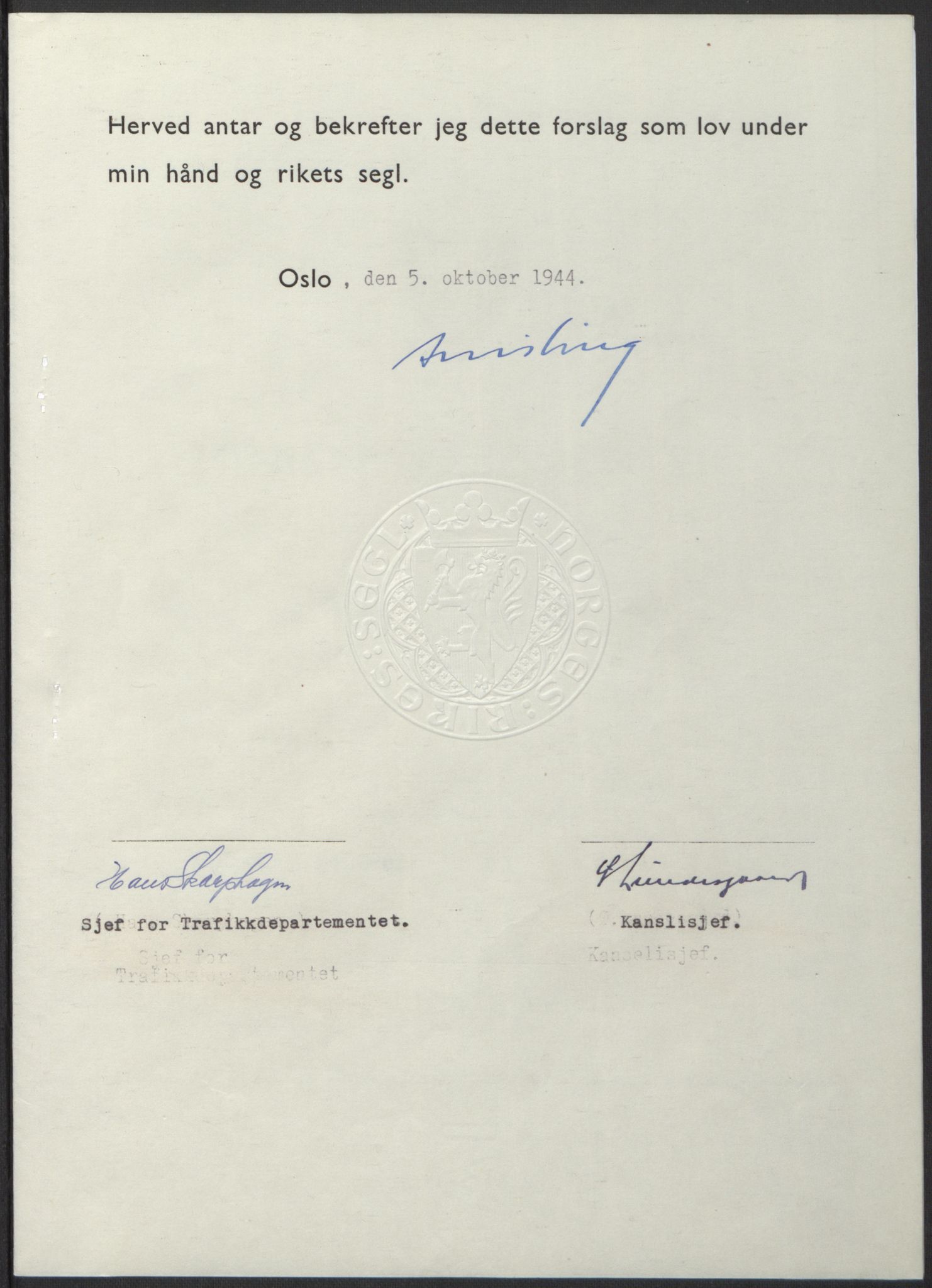 NS-administrasjonen 1940-1945 (Statsrådsekretariatet, de kommisariske statsråder mm), AV/RA-S-4279/D/Db/L0100: Lover, 1944, s. 479