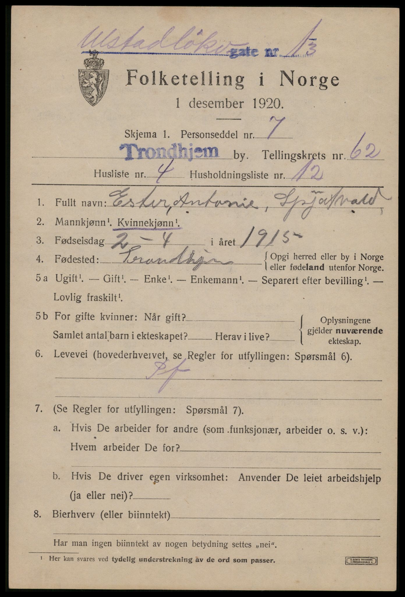 SAT, Folketelling 1920 for 1601 Trondheim kjøpstad, 1920, s. 124344