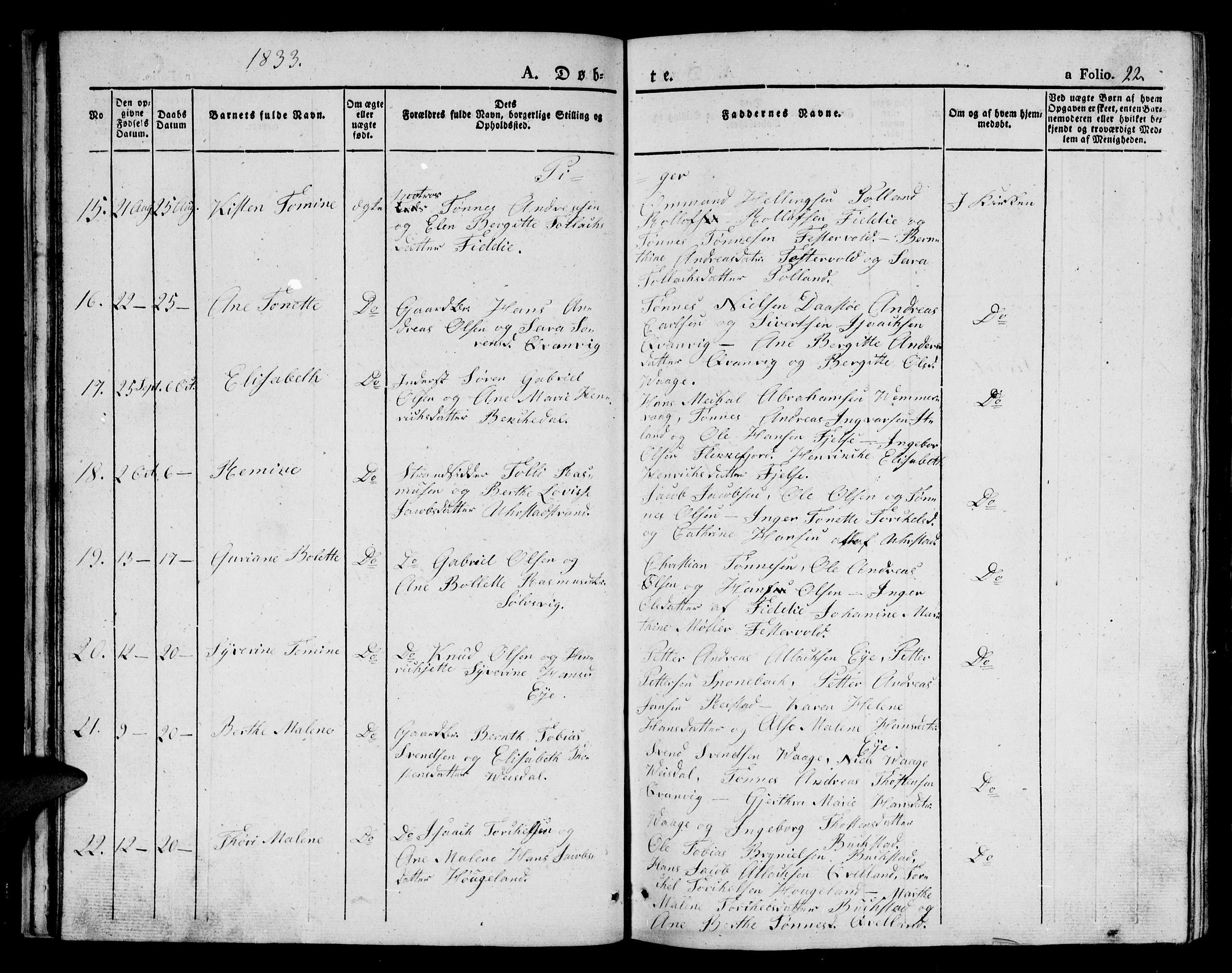 Flekkefjord sokneprestkontor, AV/SAK-1111-0012/F/Fb/Fbb/L0002: Klokkerbok nr. B 2a, 1831-1866, s. 22