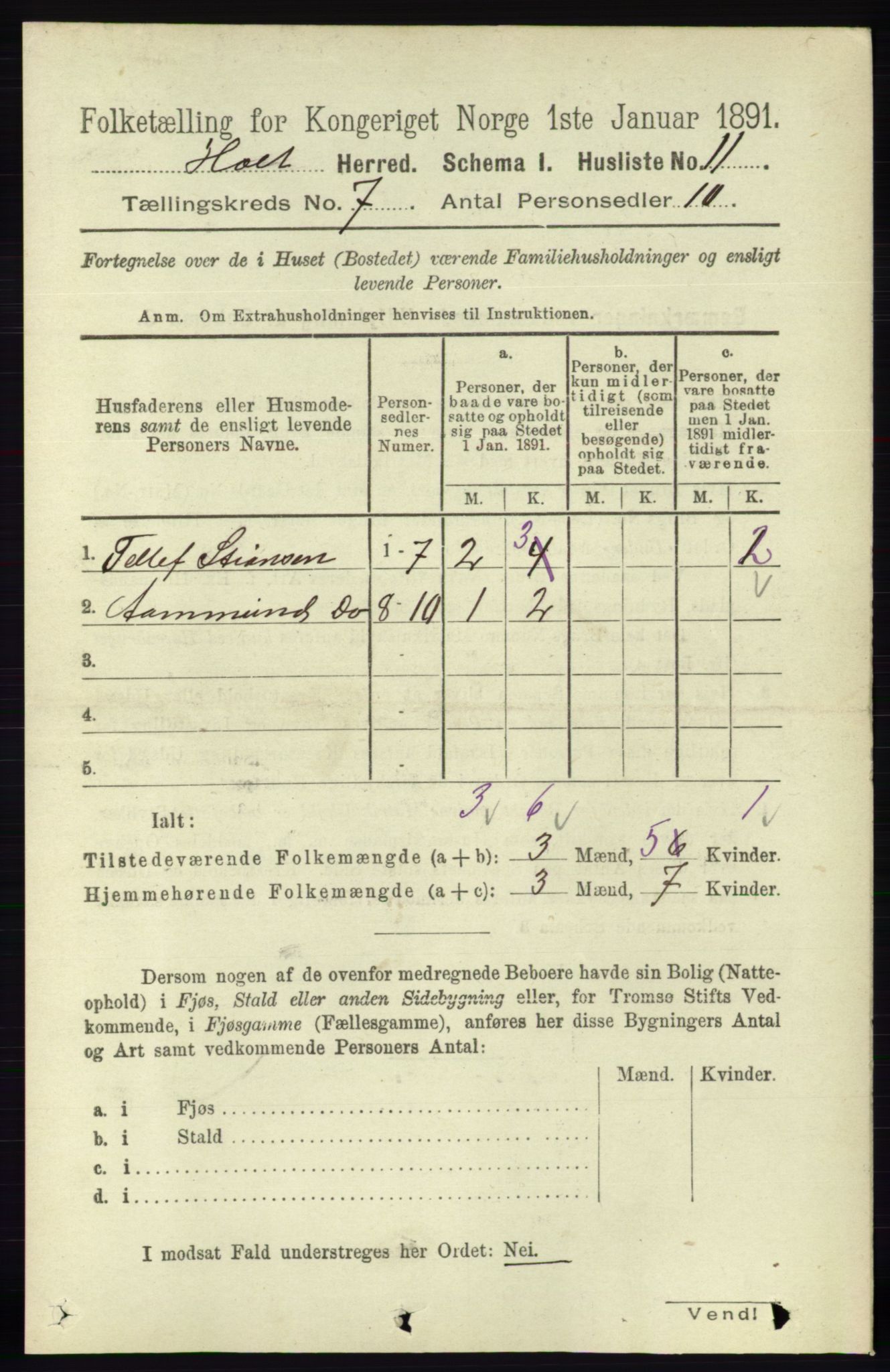 RA, Folketelling 1891 for 0914 Holt herred, 1891, s. 3305