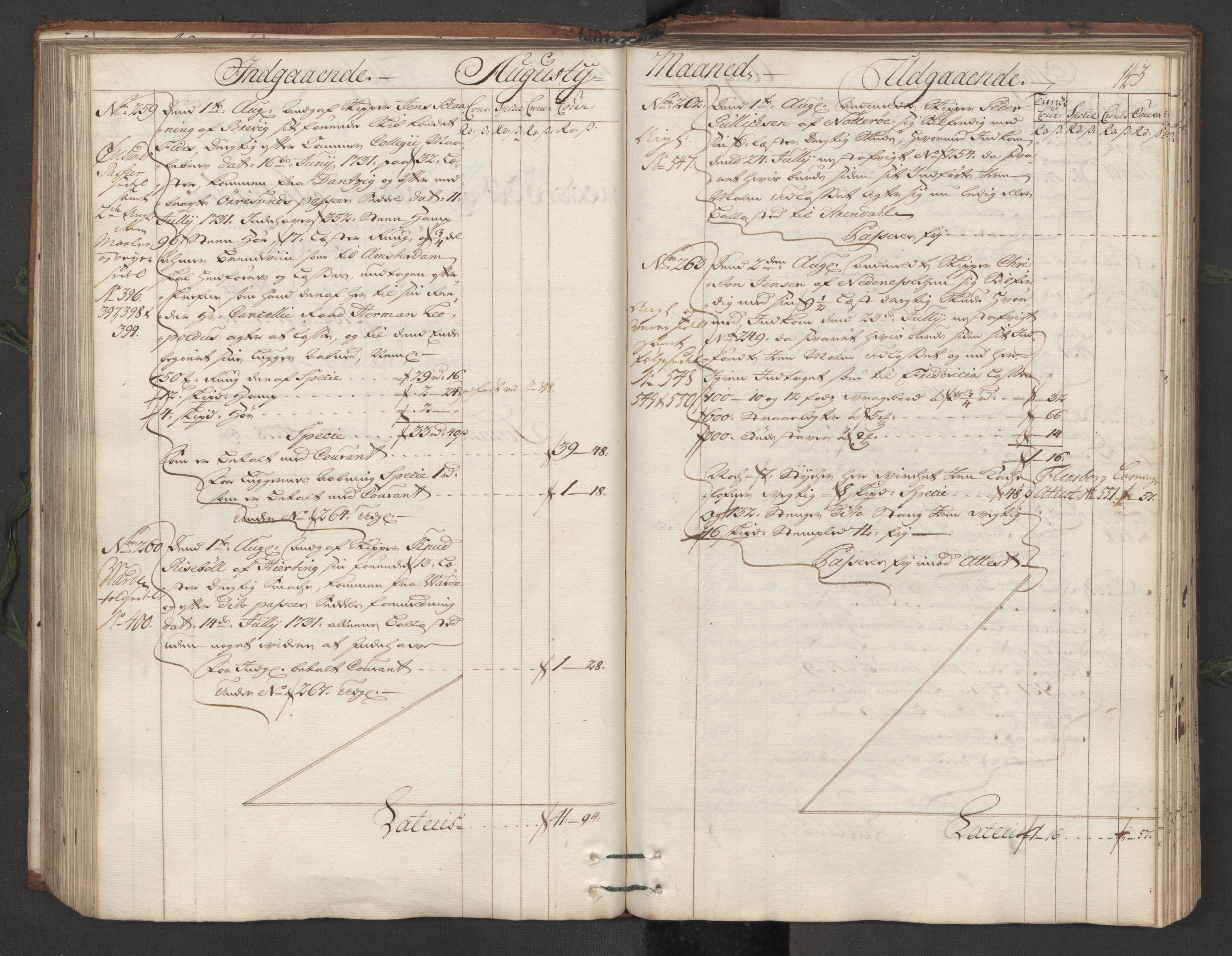 Generaltollkammeret, tollregnskaper, AV/RA-EA-5490/R12/L0007/0001: Tollregnskaper Langesund / Hovedtollbok, 1731, s. 142b-143a