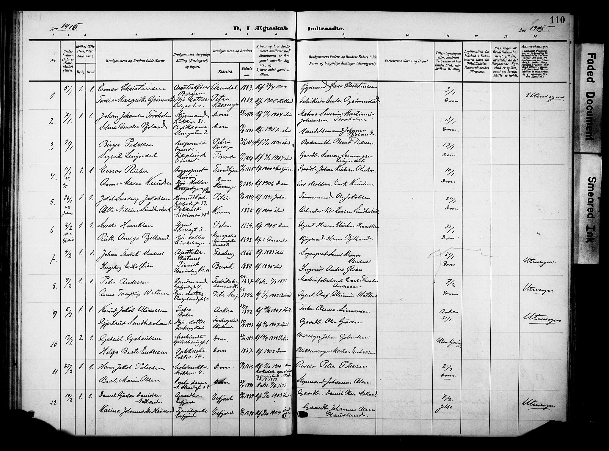 Domkirken sokneprestkontor, AV/SAST-A-101812/001/30/30BB/L0017: Klokkerbok nr. B 17, 1902-1921, s. 110