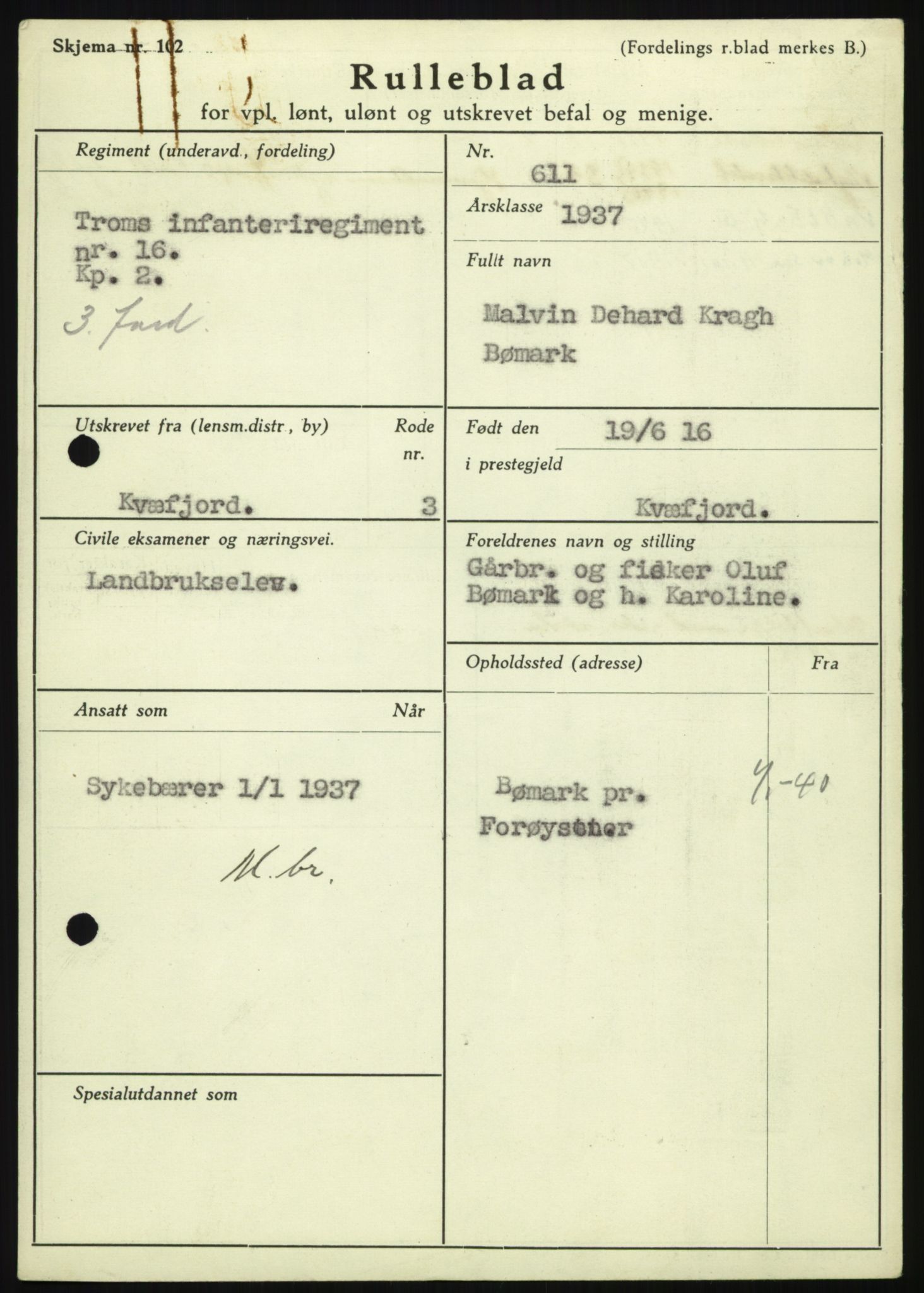 Forsvaret, Troms infanteriregiment nr. 16, AV/RA-RAFA-3146/P/Pa/L0021: Rulleblad for regimentets menige mannskaper, årsklasse 1937, 1937, s. 99