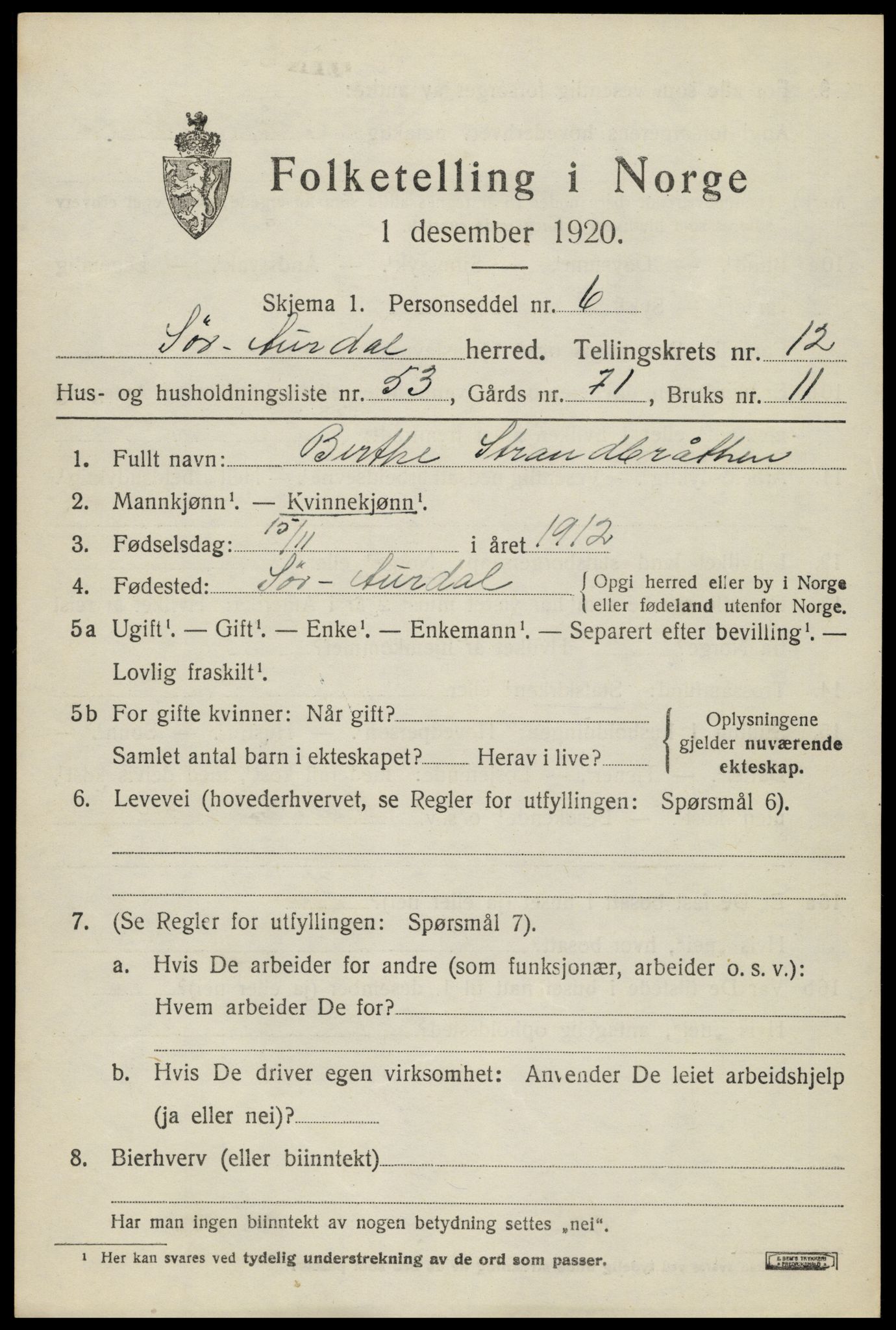 SAH, Folketelling 1920 for 0540 Sør-Aurdal herred, 1920, s. 7473