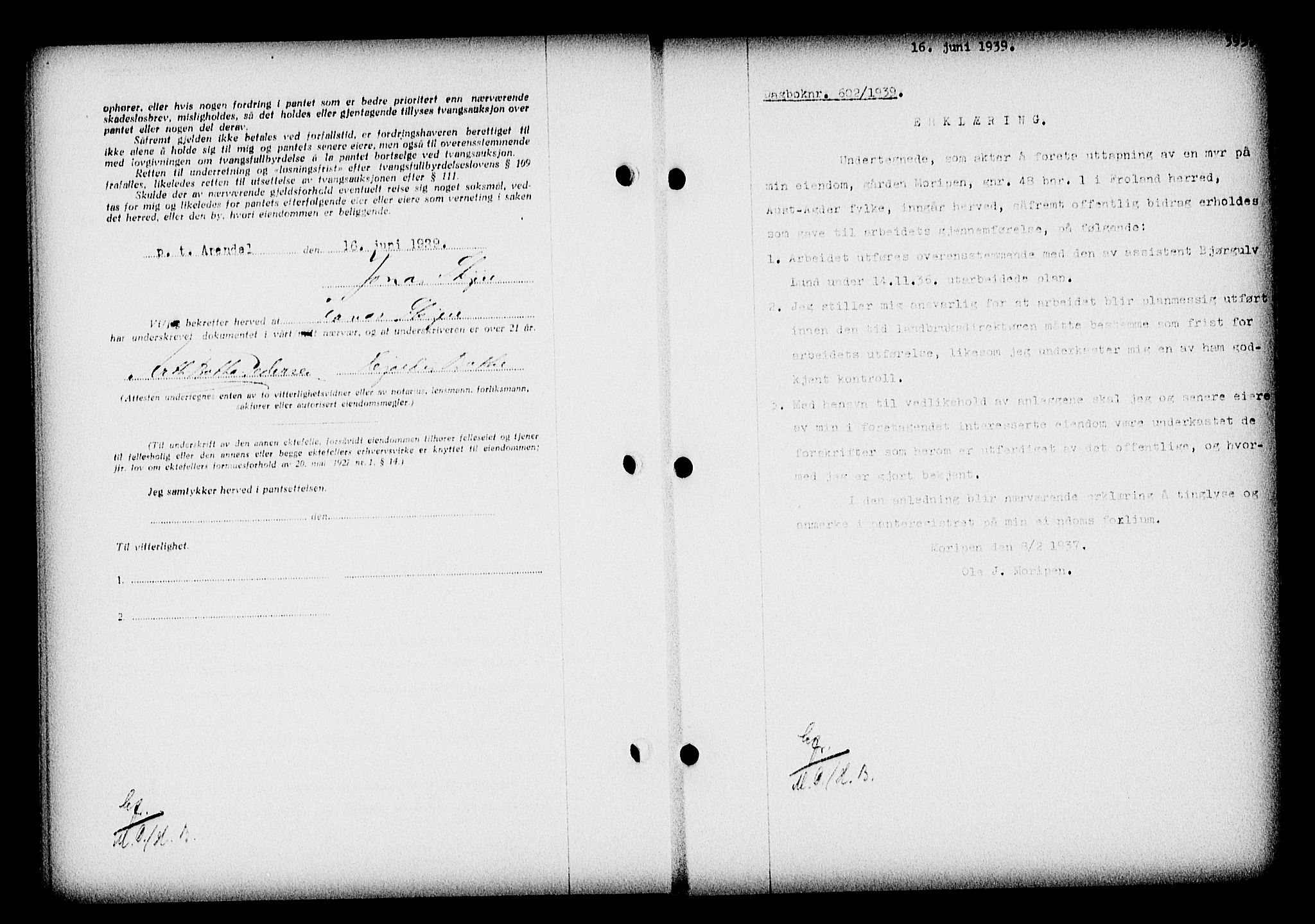 Nedenes sorenskriveri, AV/SAK-1221-0006/G/Gb/Gba/L0046: Pantebok nr. 42, 1938-1939, Dagboknr: 602/1939