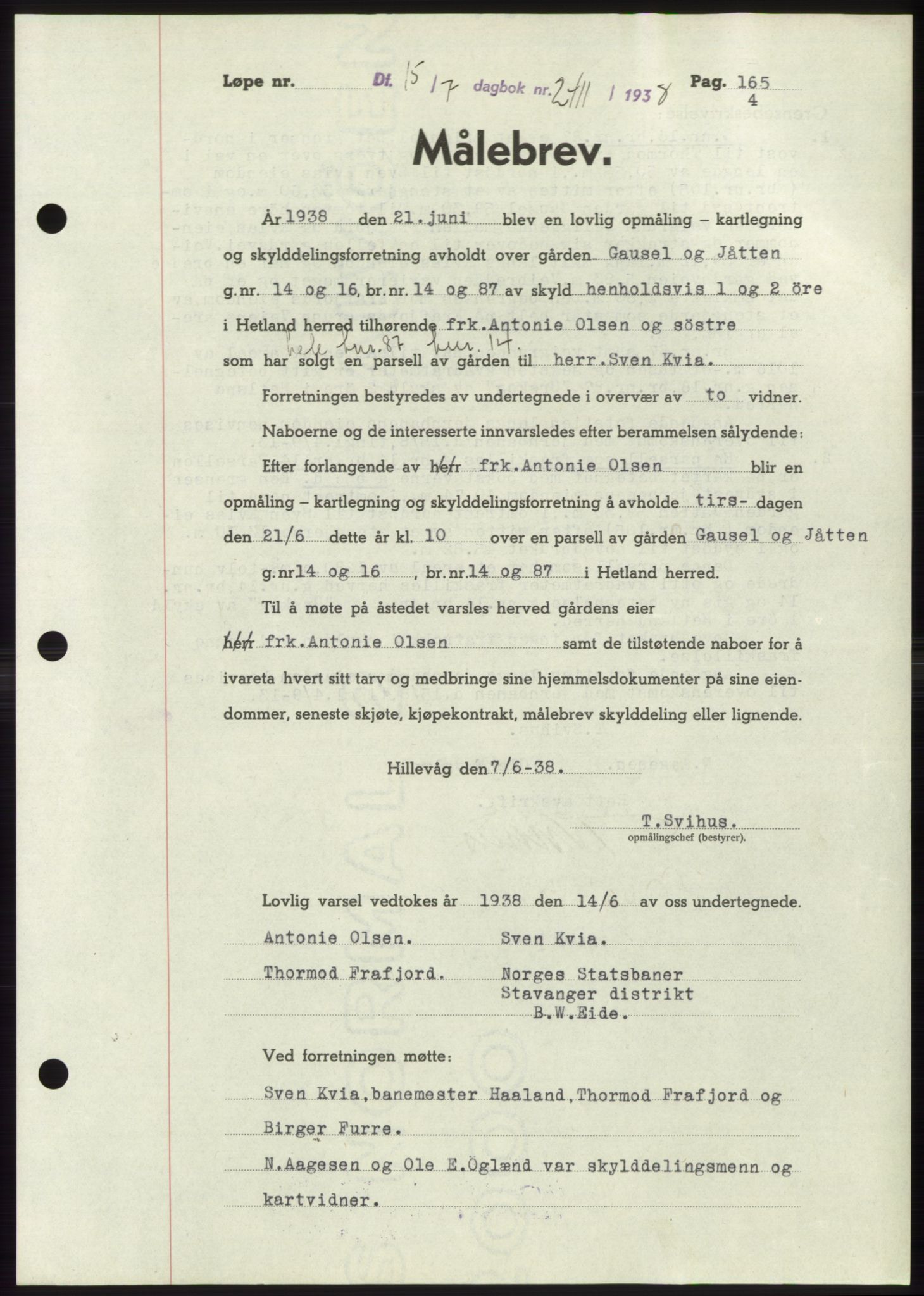 Jæren sorenskriveri, SAST/A-100310/03/G/Gba/L0071: Pantebok, 1938-1938, Dagboknr: 2411/1938