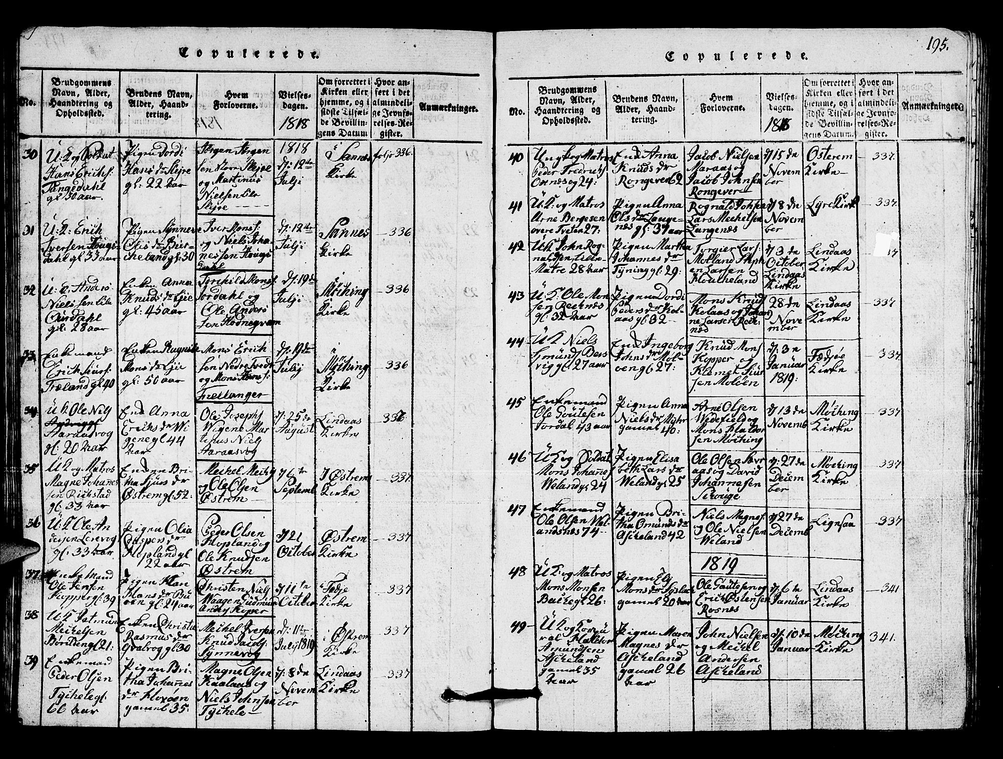 Lindås Sokneprestembete, AV/SAB-A-76701/H/Hab/Haba/L0001: Klokkerbok nr. A 1, 1816-1823, s. 195