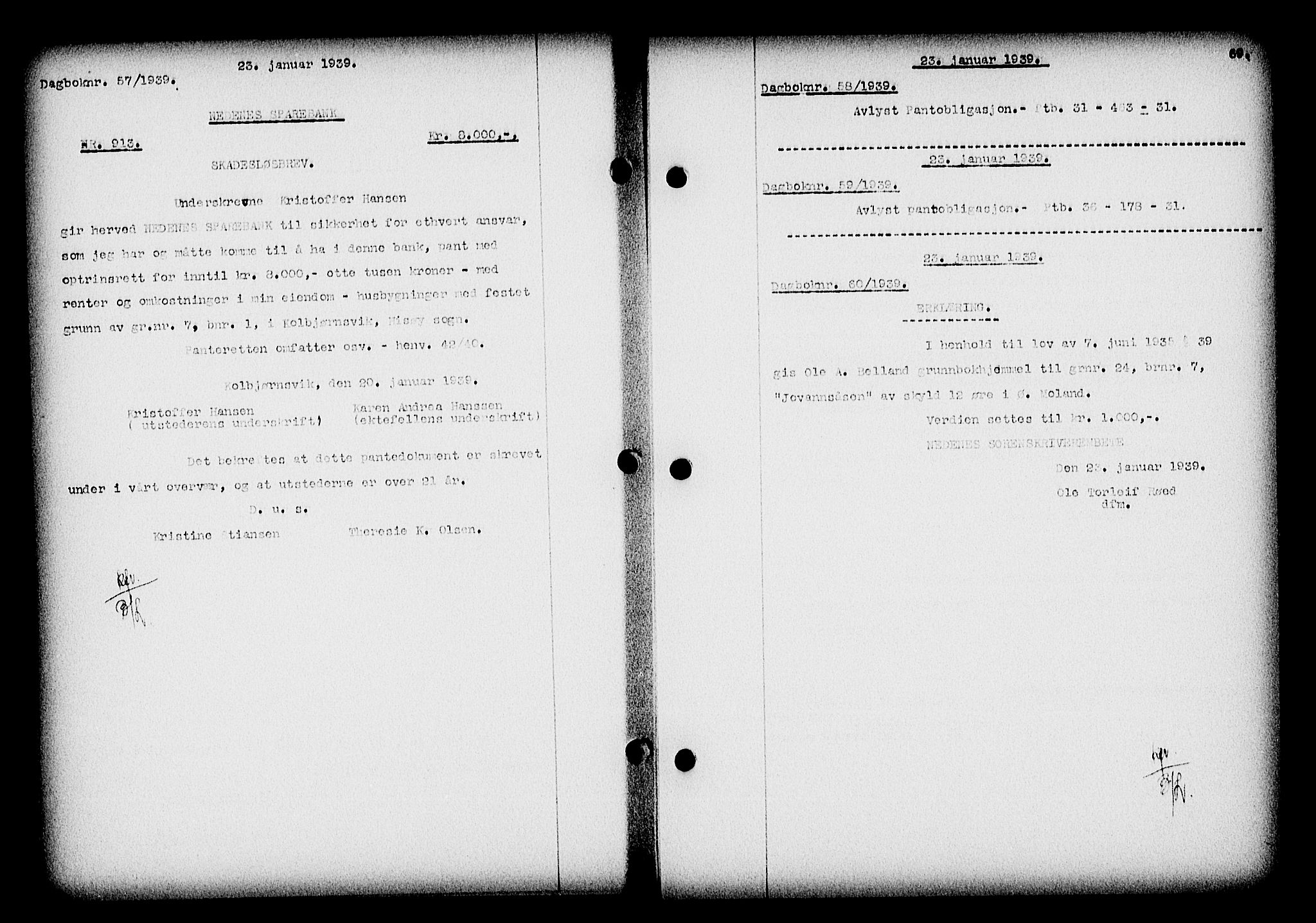 Nedenes sorenskriveri, SAK/1221-0006/G/Gb/Gba/L0046: Pantebok nr. 42, 1938-1939, Dagboknr: 57/1939