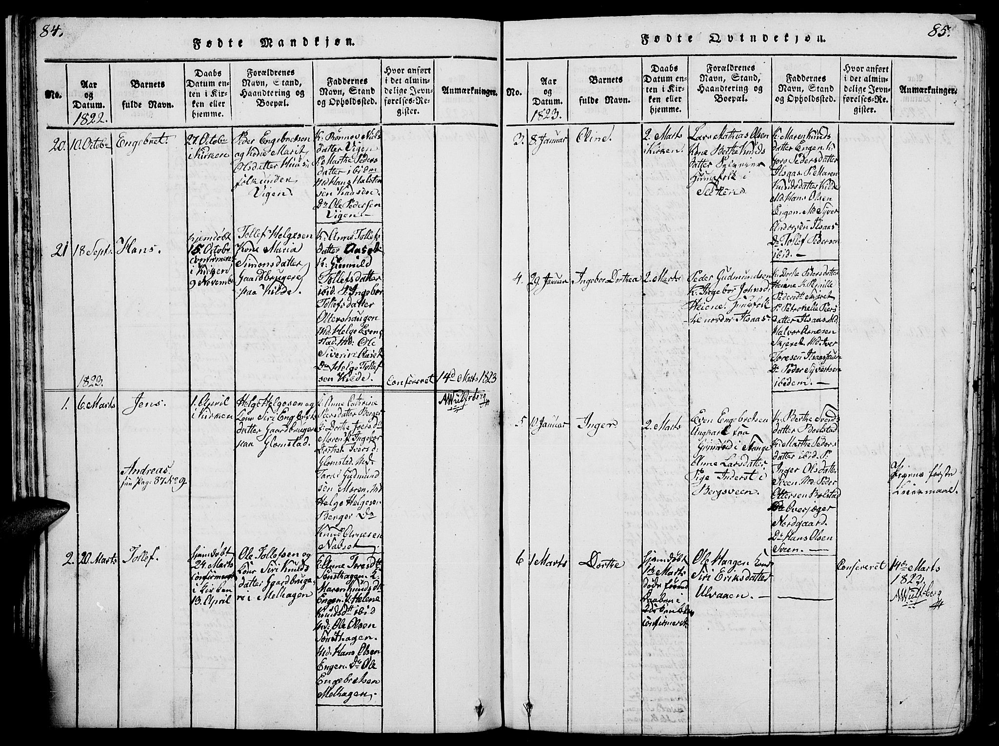 Åmot prestekontor, Hedmark, AV/SAH-PREST-056/H/Ha/Hab/L0001: Klokkerbok nr. 1, 1815-1847, s. 84-85