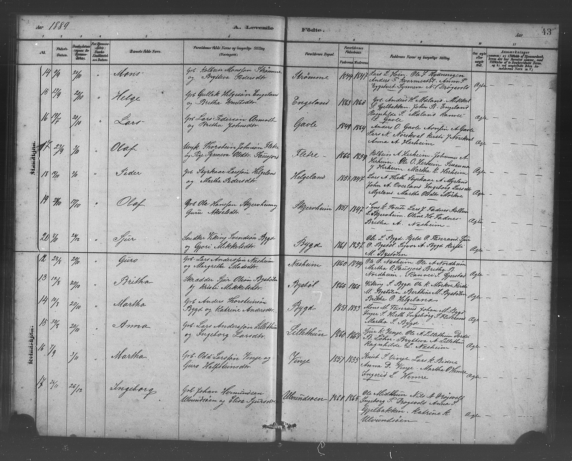Vossestrand Sokneprestembete, AV/SAB-A-79101/H/Hab: Klokkerbok nr. B 3, 1880-1907, s. 43