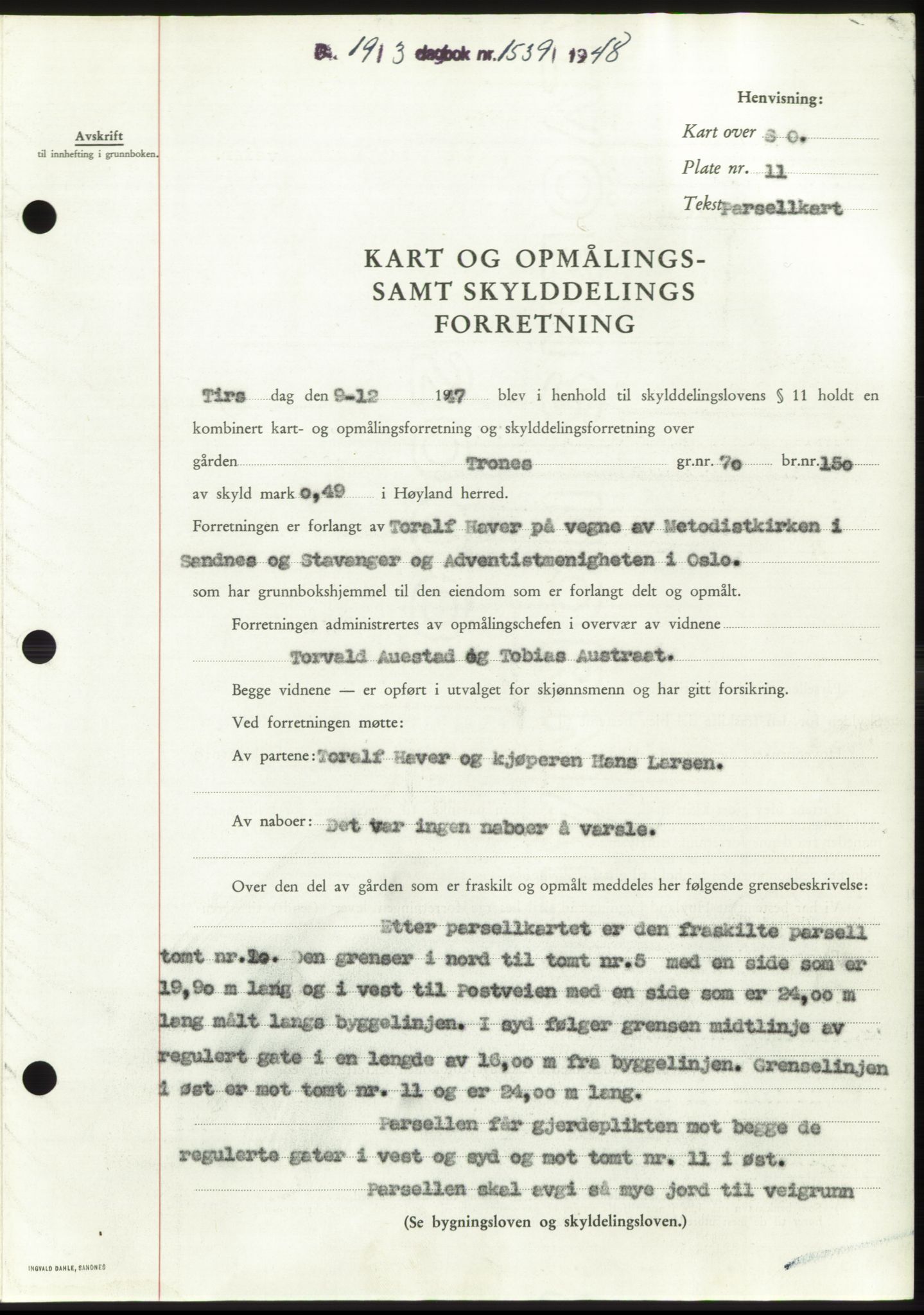Jæren sorenskriveri, SAST/A-100310/03/G/Gba/L0098: Pantebok, 1948-1948, Dagboknr: 1539/1948