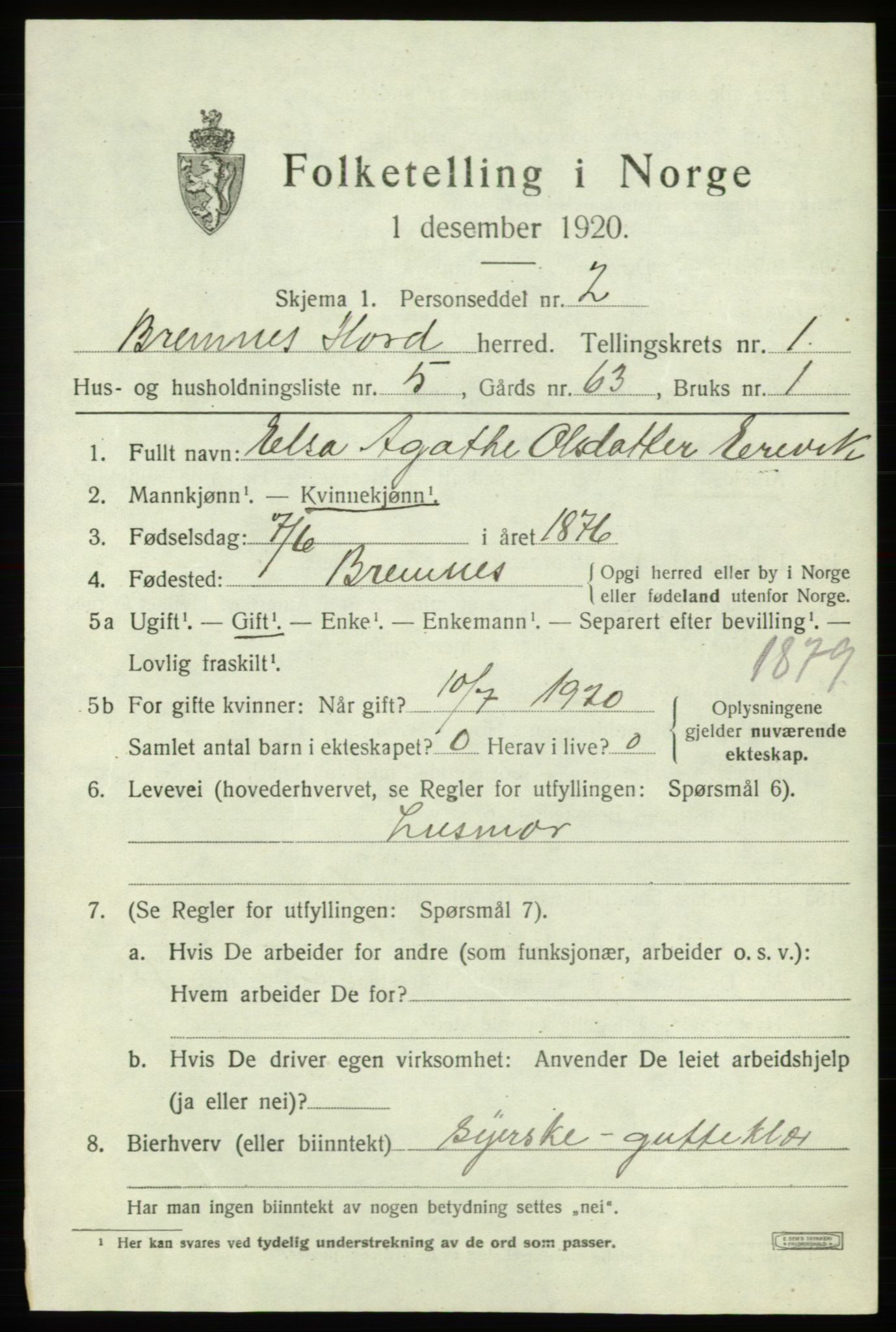 SAB, Folketelling 1920 for 1220 Bremnes herred, 1920, s. 1146