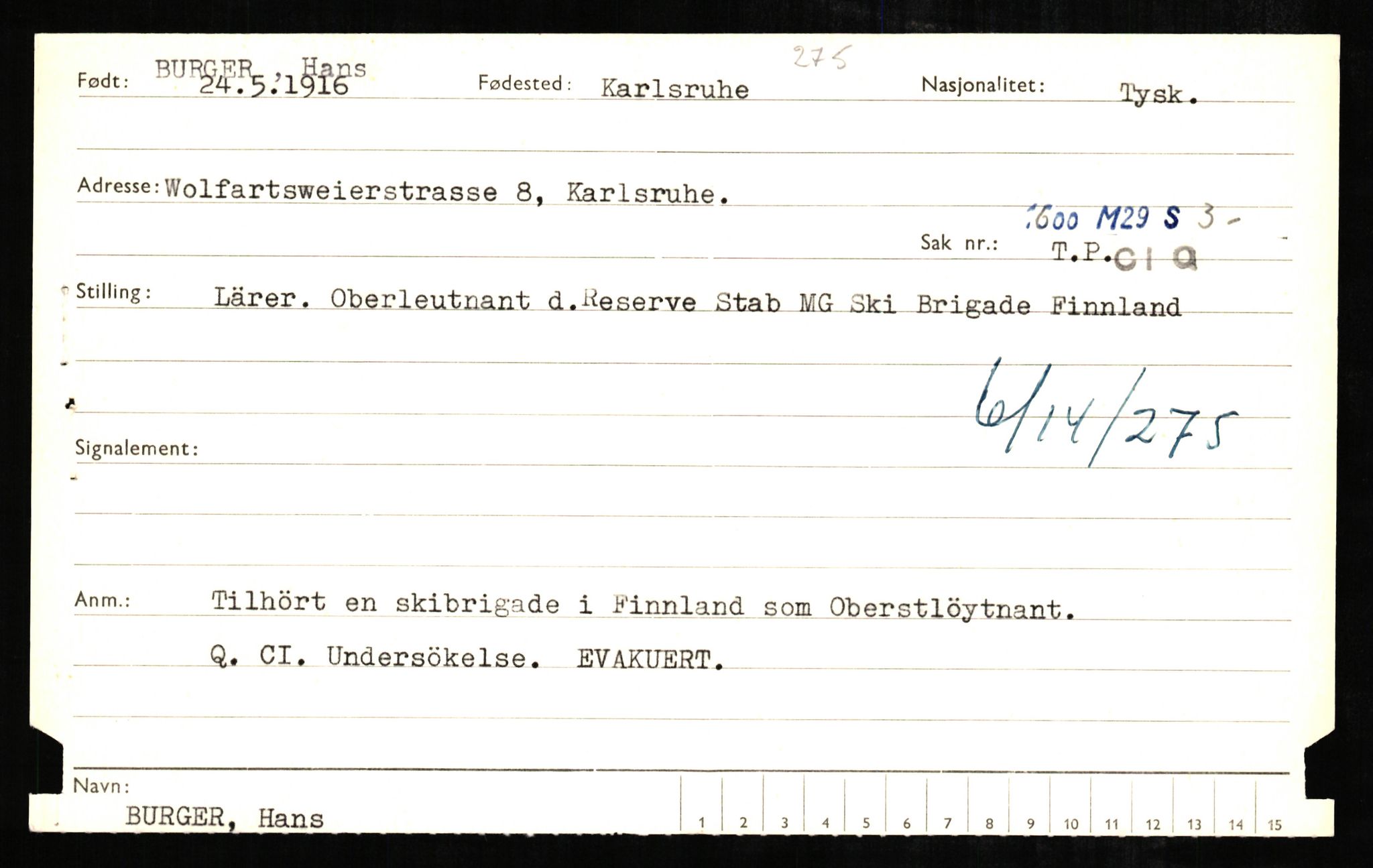 Forsvaret, Forsvarets overkommando II, RA/RAFA-3915/D/Db/L0004: CI Questionaires. Tyske okkupasjonsstyrker i Norge. Tyskere., 1945-1946, s. 505