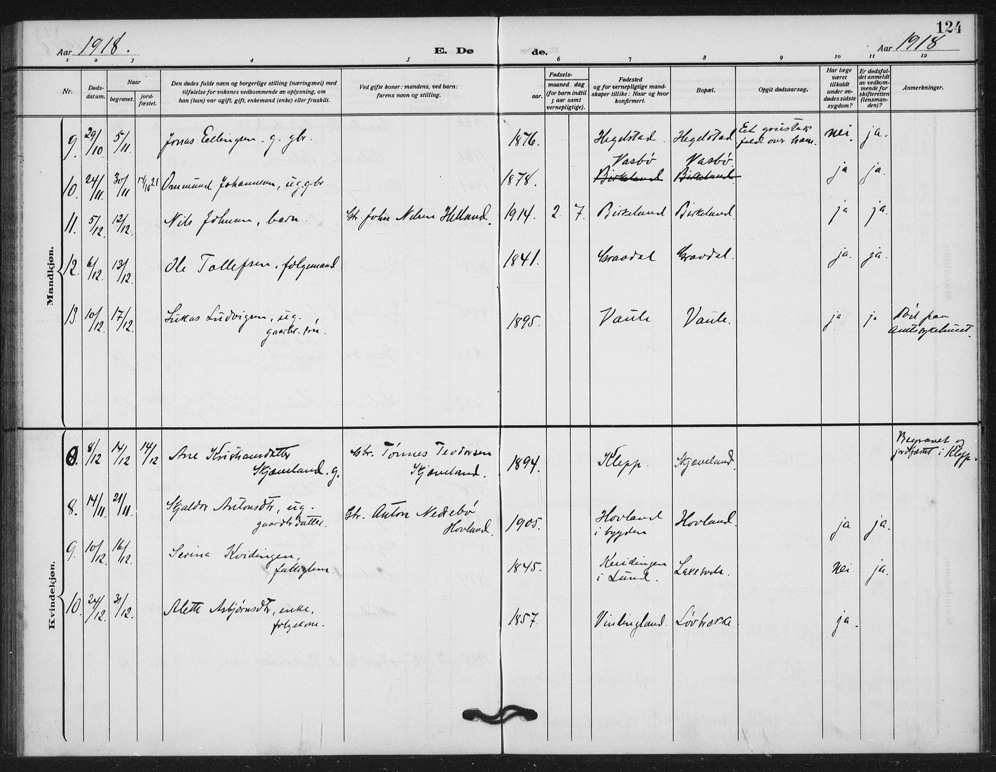 Helleland sokneprestkontor, AV/SAST-A-101810: Ministerialbok nr. A 11, 1909-1922, s. 124