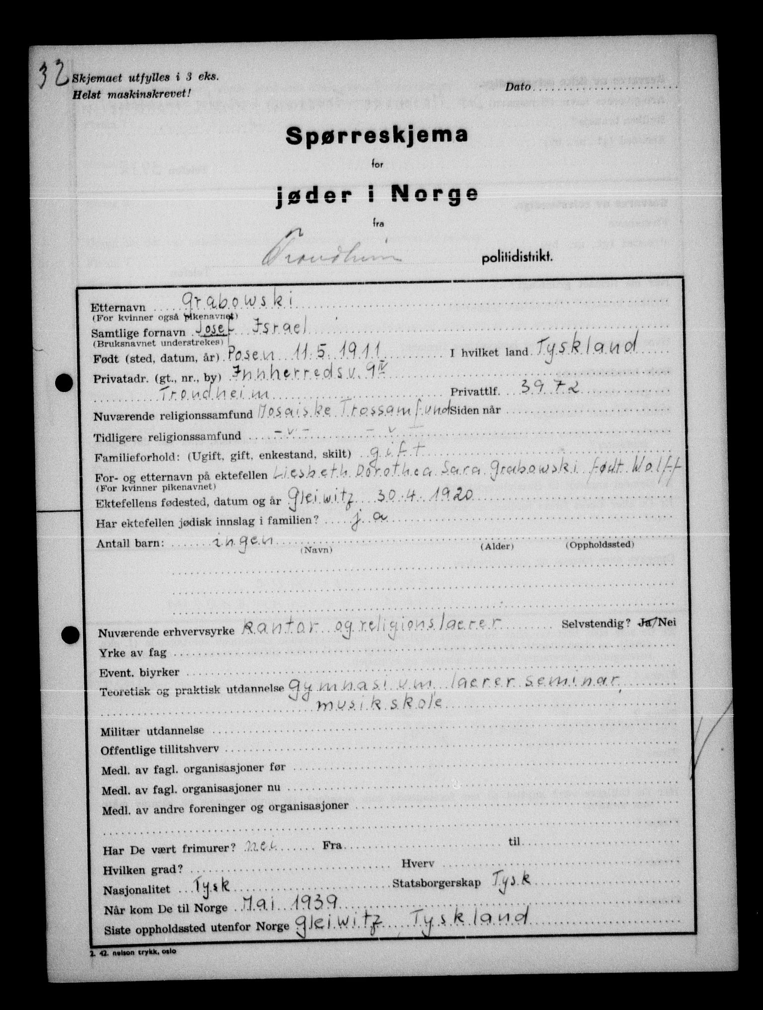 Statspolitiet - Hovedkontoret / Osloavdelingen, AV/RA-S-1329/G/Ga/L0013: Spørreskjema for jøder i Norge. 1: Sandefjord-Trondheim. 2: Tønsberg- Ålesund.  3: Skriv vedr. jøder A-H.  , 1942-1943, s. 245