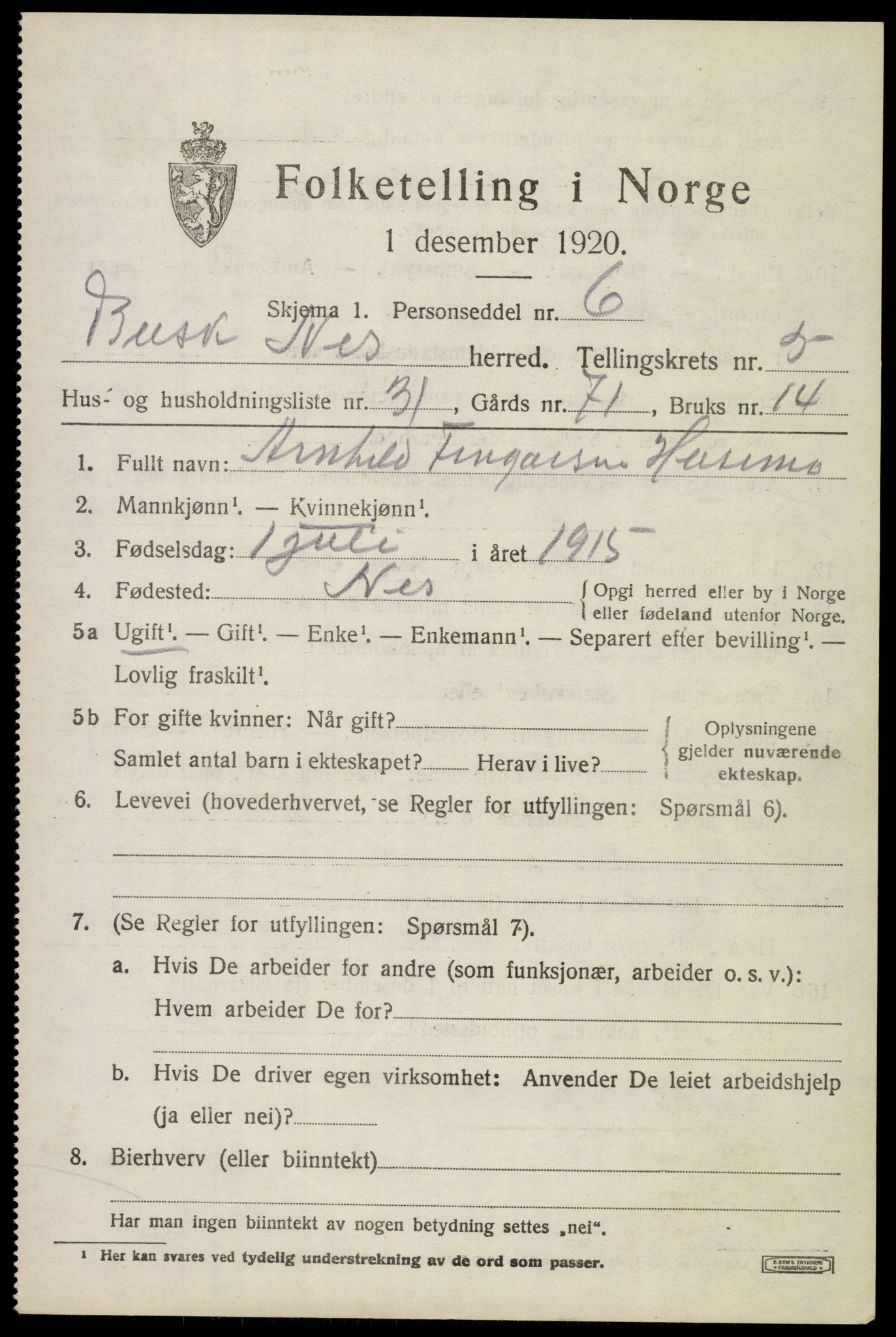 SAKO, Folketelling 1920 for 0616 Nes herred, 1920, s. 2776