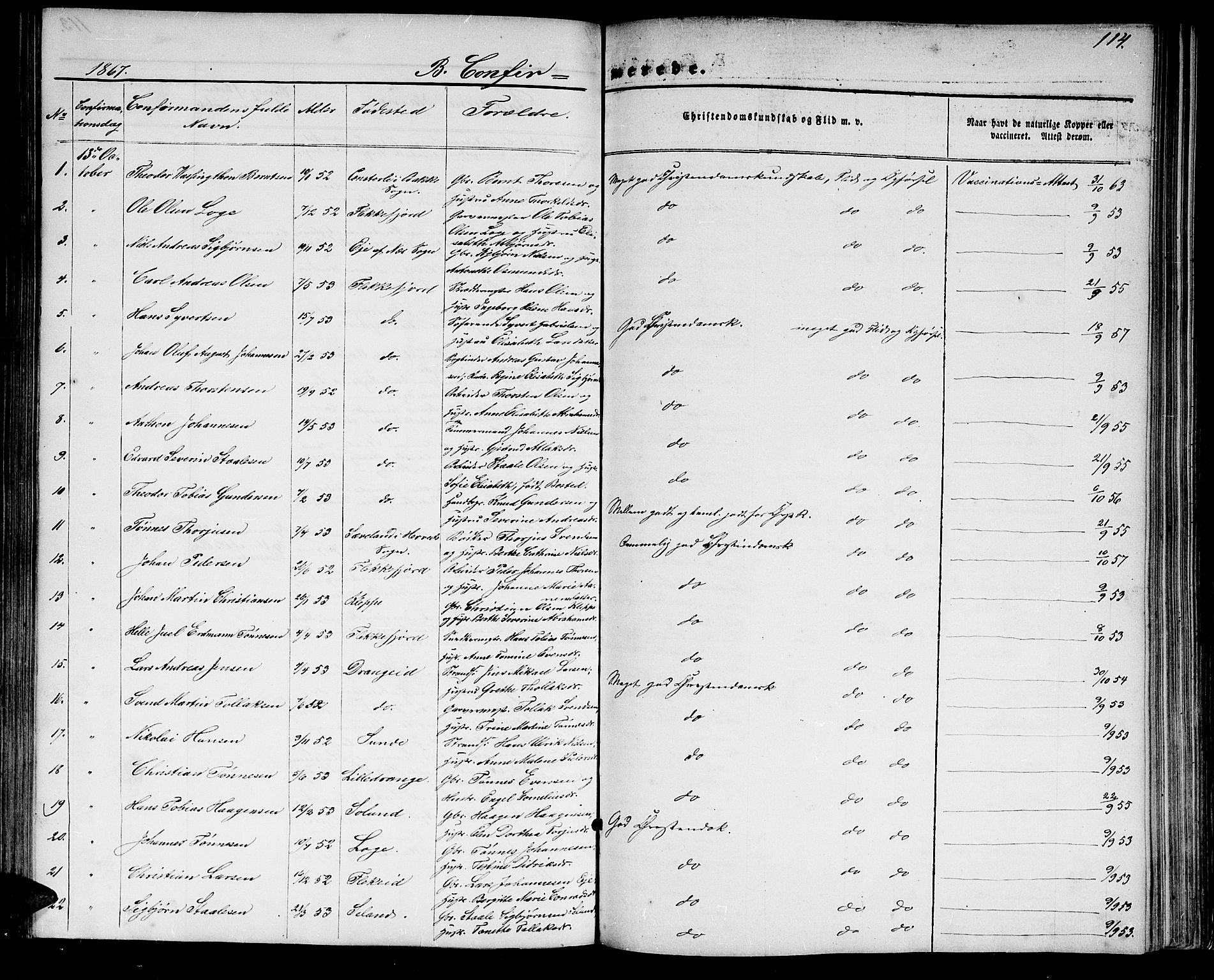 Flekkefjord sokneprestkontor, SAK/1111-0012/F/Fb/Fbc/L0006: Klokkerbok nr. B 6, 1866-1879, s. 114