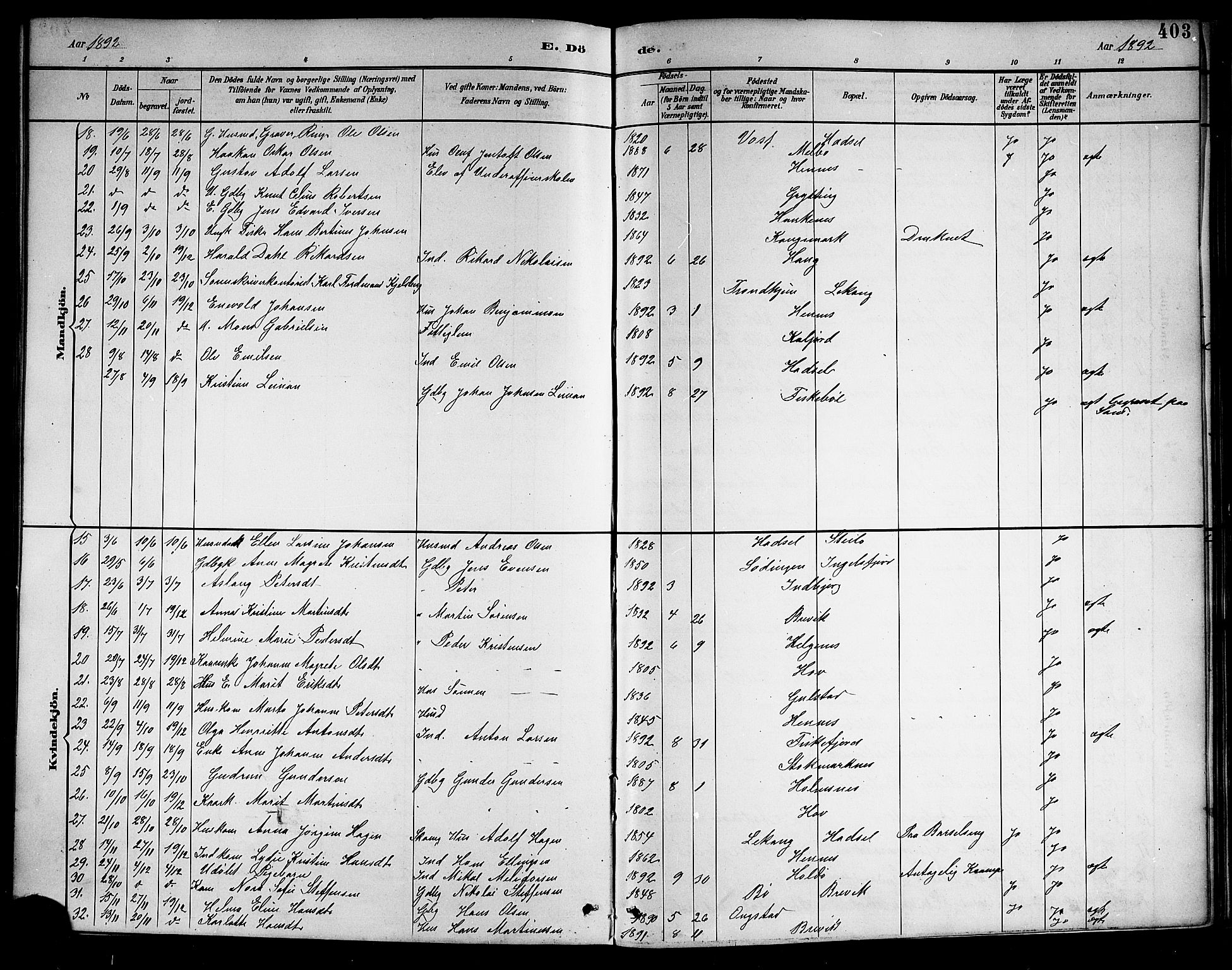 Ministerialprotokoller, klokkerbøker og fødselsregistre - Nordland, AV/SAT-A-1459/888/L1268: Klokkerbok nr. 888C06, 1891-1908, s. 403