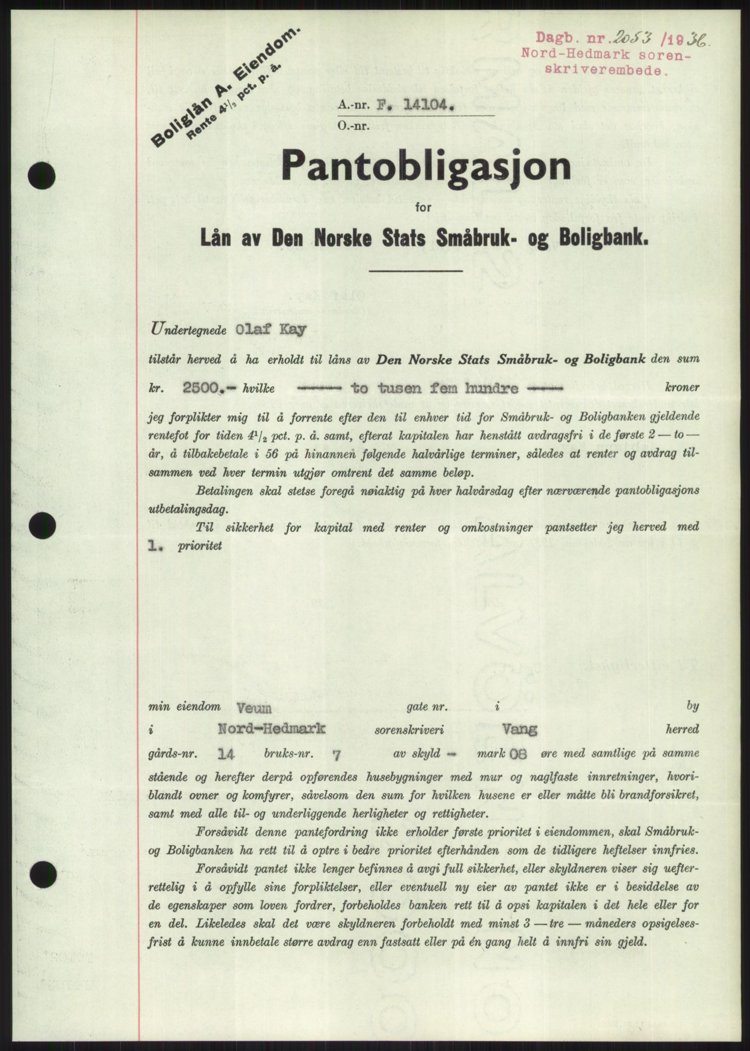 Nord-Hedmark sorenskriveri, SAH/TING-012/H/Hb/Hbf/L0001: Pantebok nr. B1, 1936-1936, Dagboknr: 2053/1936