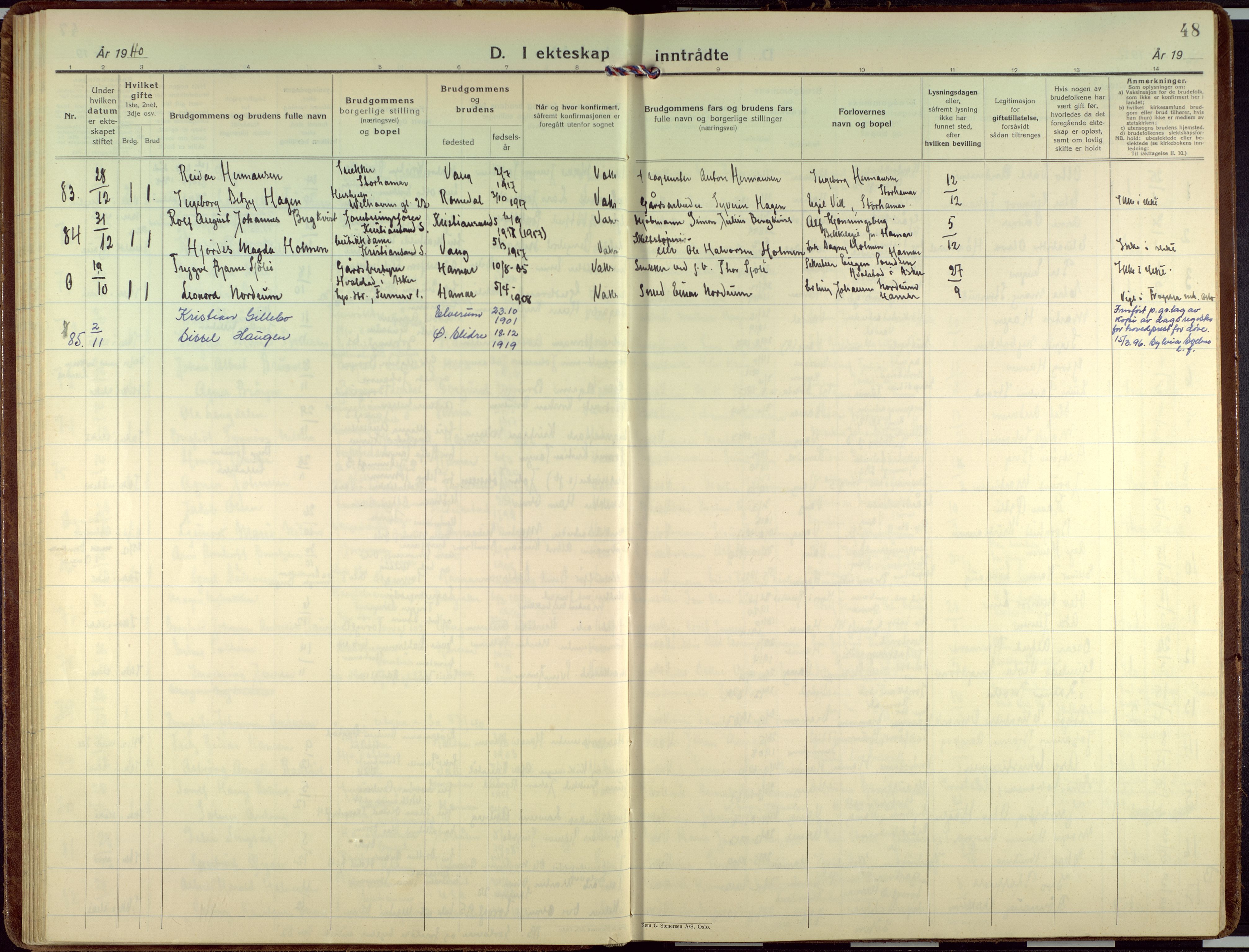 Hamar prestekontor, AV/SAH-DOMPH-002/H/Ha/Haa/L0006: Ministerialbok nr. 6, 1931-1953, s. 48