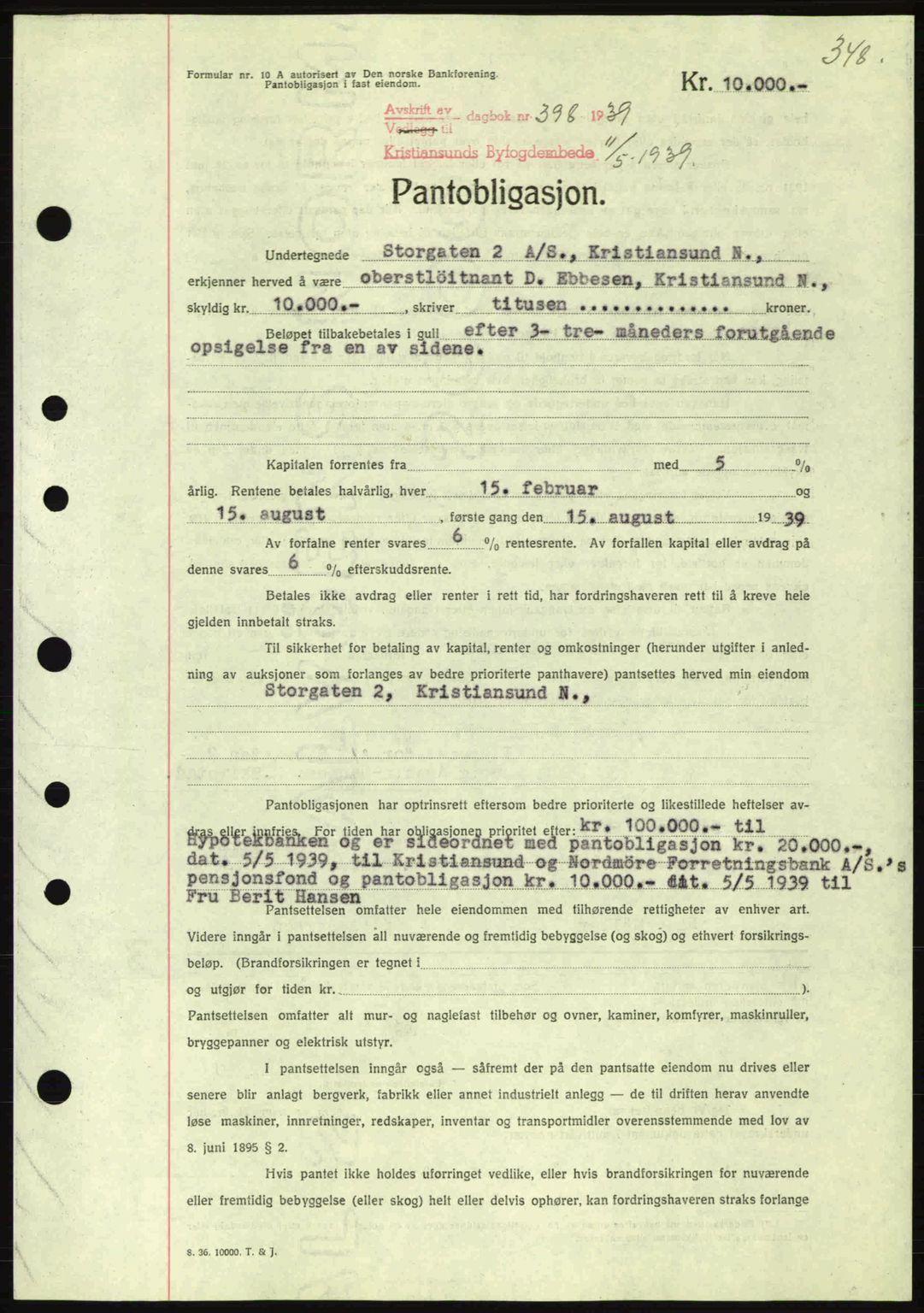 Kristiansund byfogd, SAT/A-4587/A/27: Pantebok nr. 31, 1938-1939, Dagboknr: 398/1939