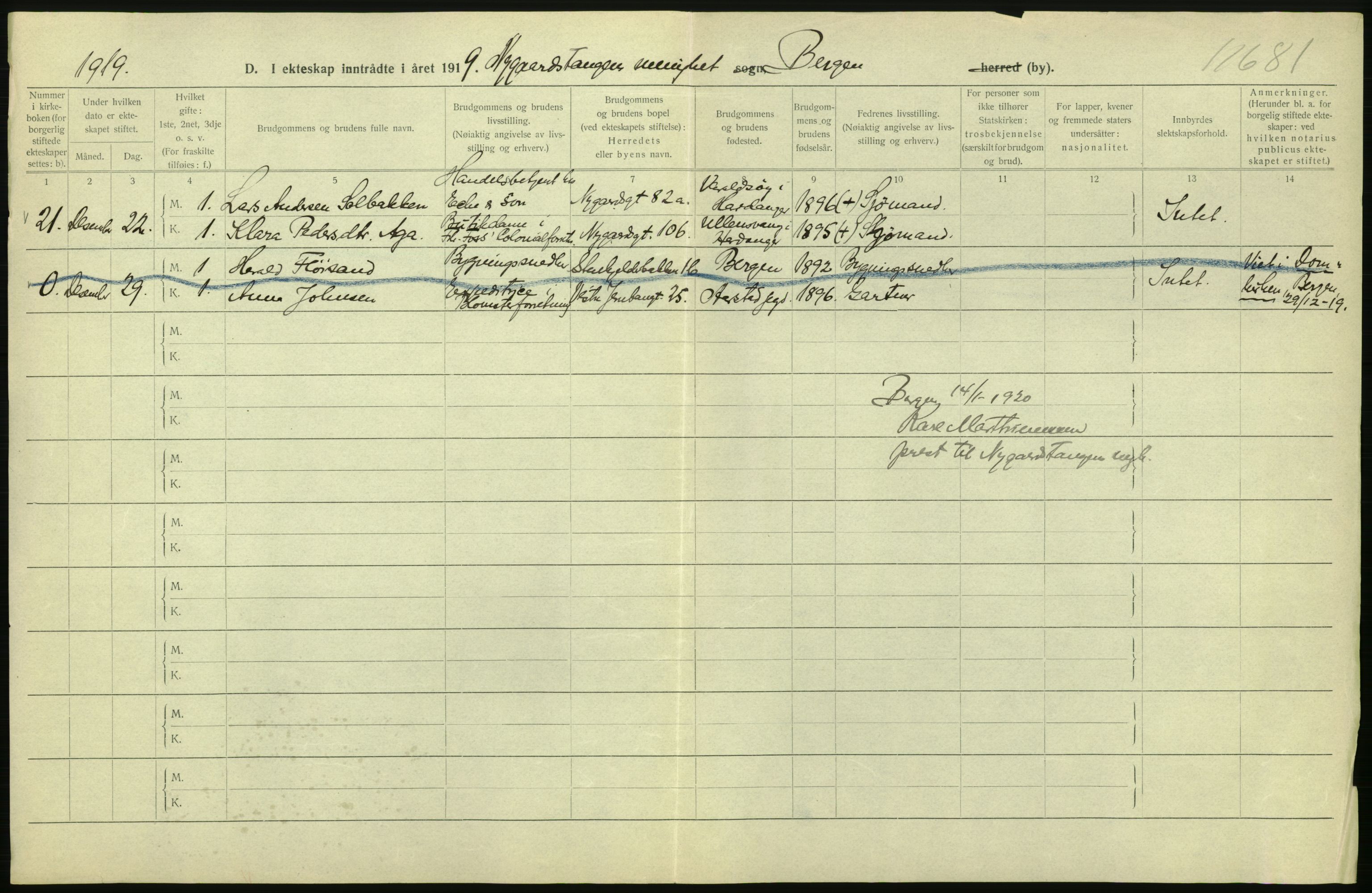 Statistisk sentralbyrå, Sosiodemografiske emner, Befolkning, AV/RA-S-2228/D/Df/Dfb/Dfbi/L0035: Bergen: Gifte, døde, dødfødte., 1919, s. 20