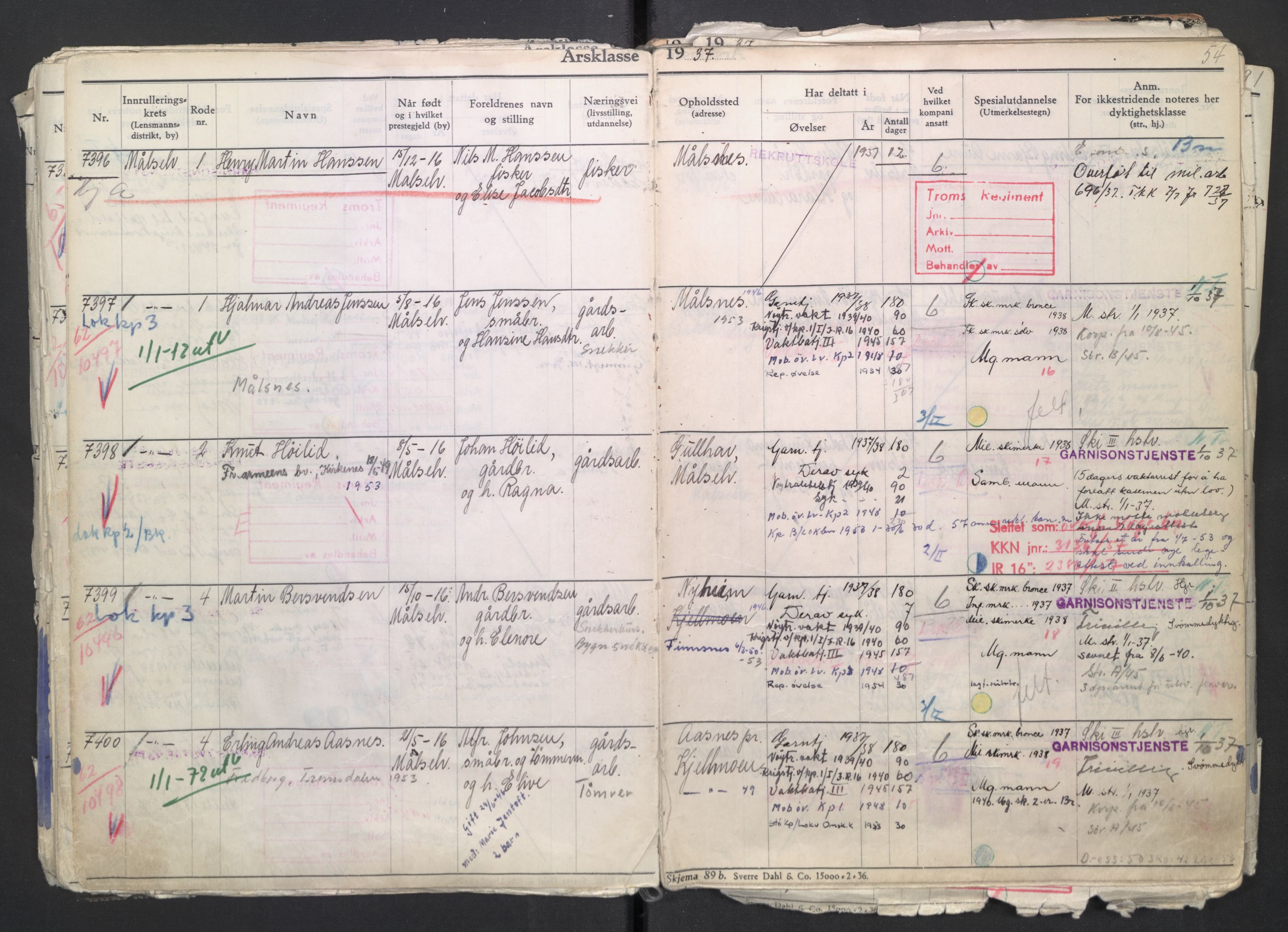 Forsvaret, Troms infanteriregiment nr. 16, AV/RA-RAFA-3146/P/Pa/L0007/0002: Ruller / Rulle for regimentets menige mannskaper, årsklasse 1937, 1937, s. 54