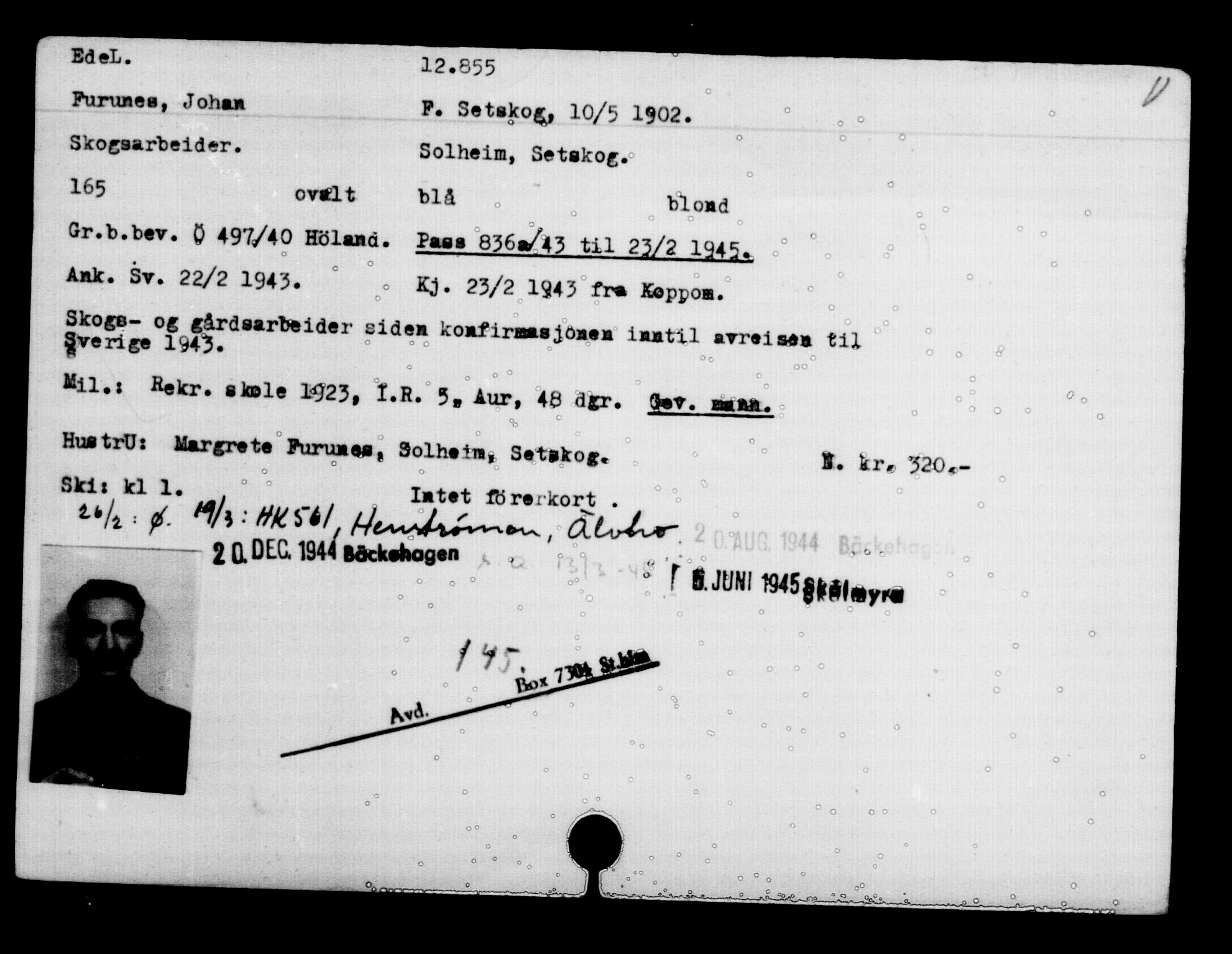 Utenriksstasjonene, Legasjonen i Stockholm, Flyktningkontoret, AV/RA-S-6753/V/Va/L0007: Kjesäterkartoteket, flyktninger med registreringsnr. 12700-15723, 1940-1945, s. 184