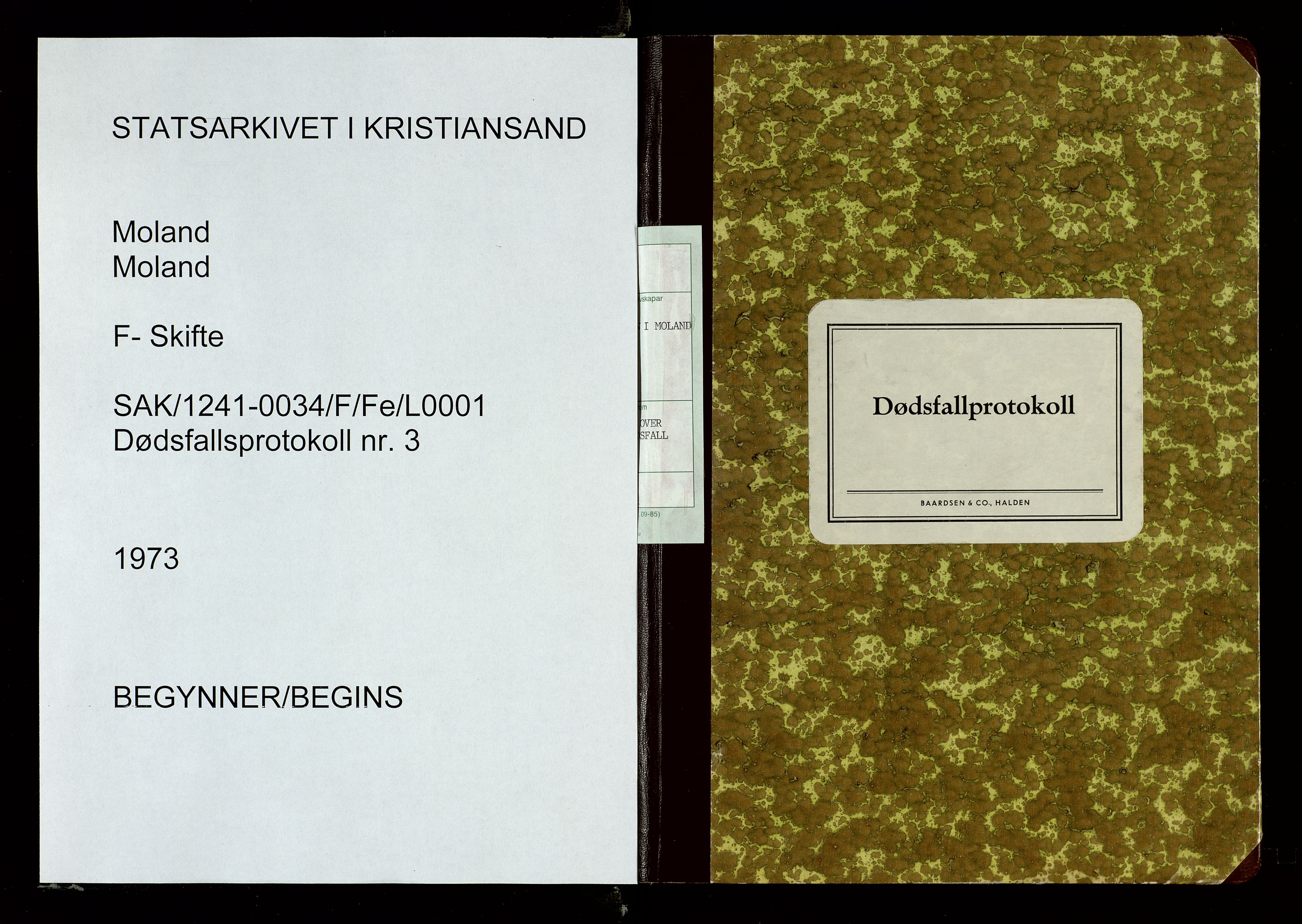 Moland lensmannskontor, AV/SAK-1241-0034/F/Fe/L0001: Dødsfallsprotokoll nr 3, 1973