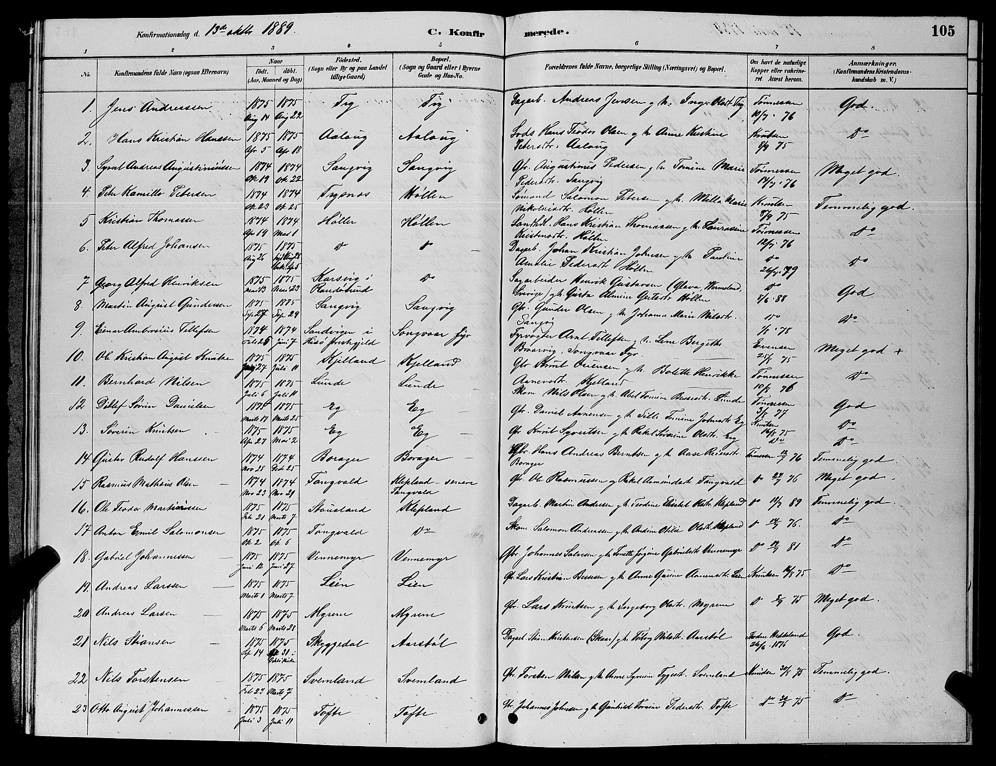 Søgne sokneprestkontor, AV/SAK-1111-0037/F/Fb/Fbb/L0005: Klokkerbok nr. B 5, 1884-1891, s. 105