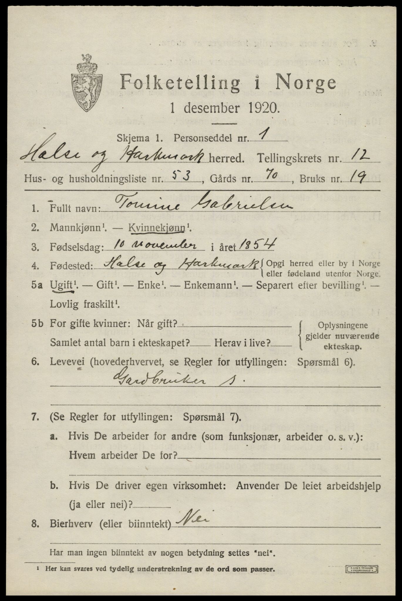 SAK, Folketelling 1920 for 1019 Halse og Harkmark herred, 1920, s. 7057