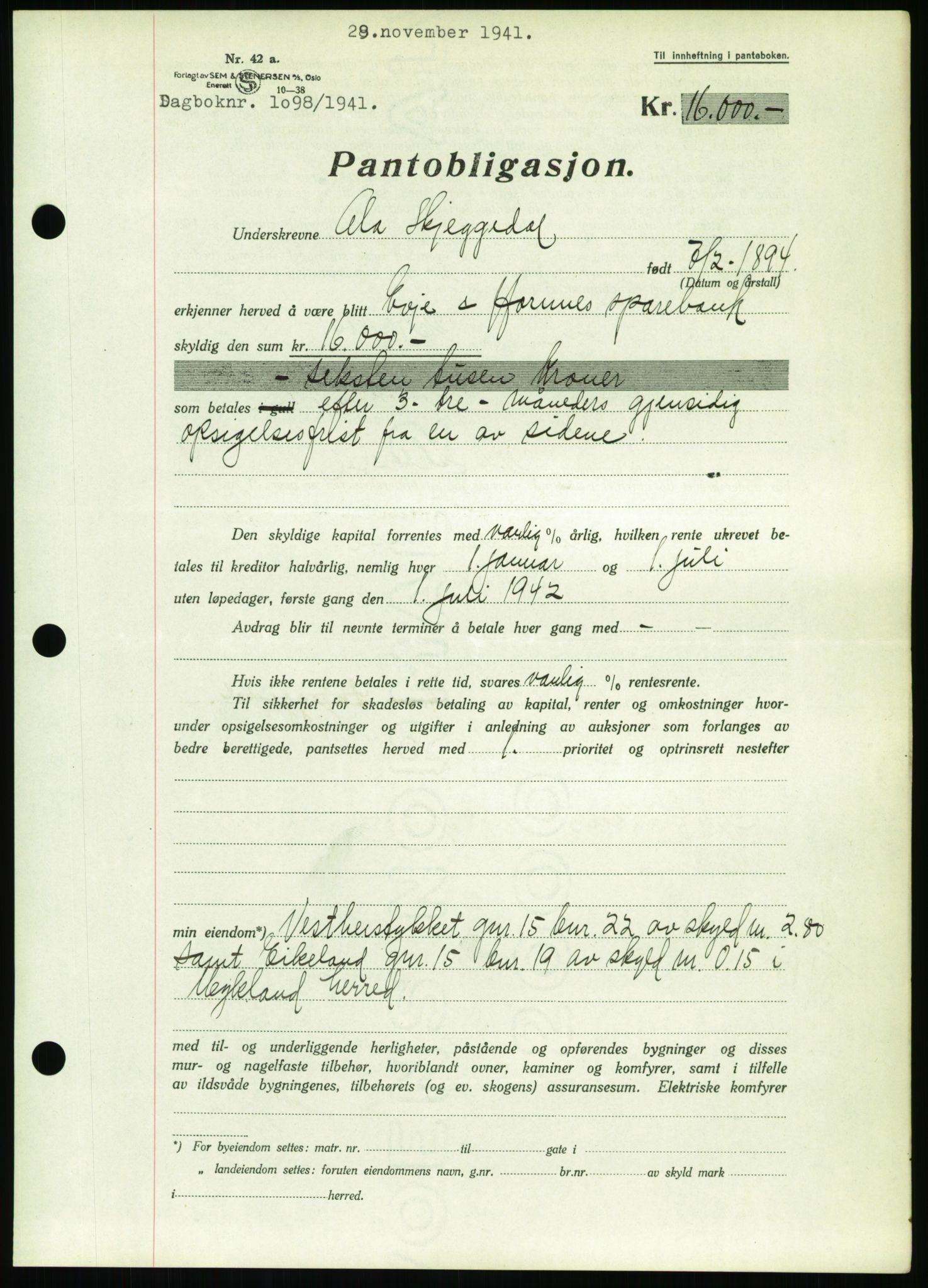 Nedenes sorenskriveri, SAK/1221-0006/G/Gb/Gbb/L0001: Pantebok nr. I, 1939-1942, Dagboknr: 1098/1941