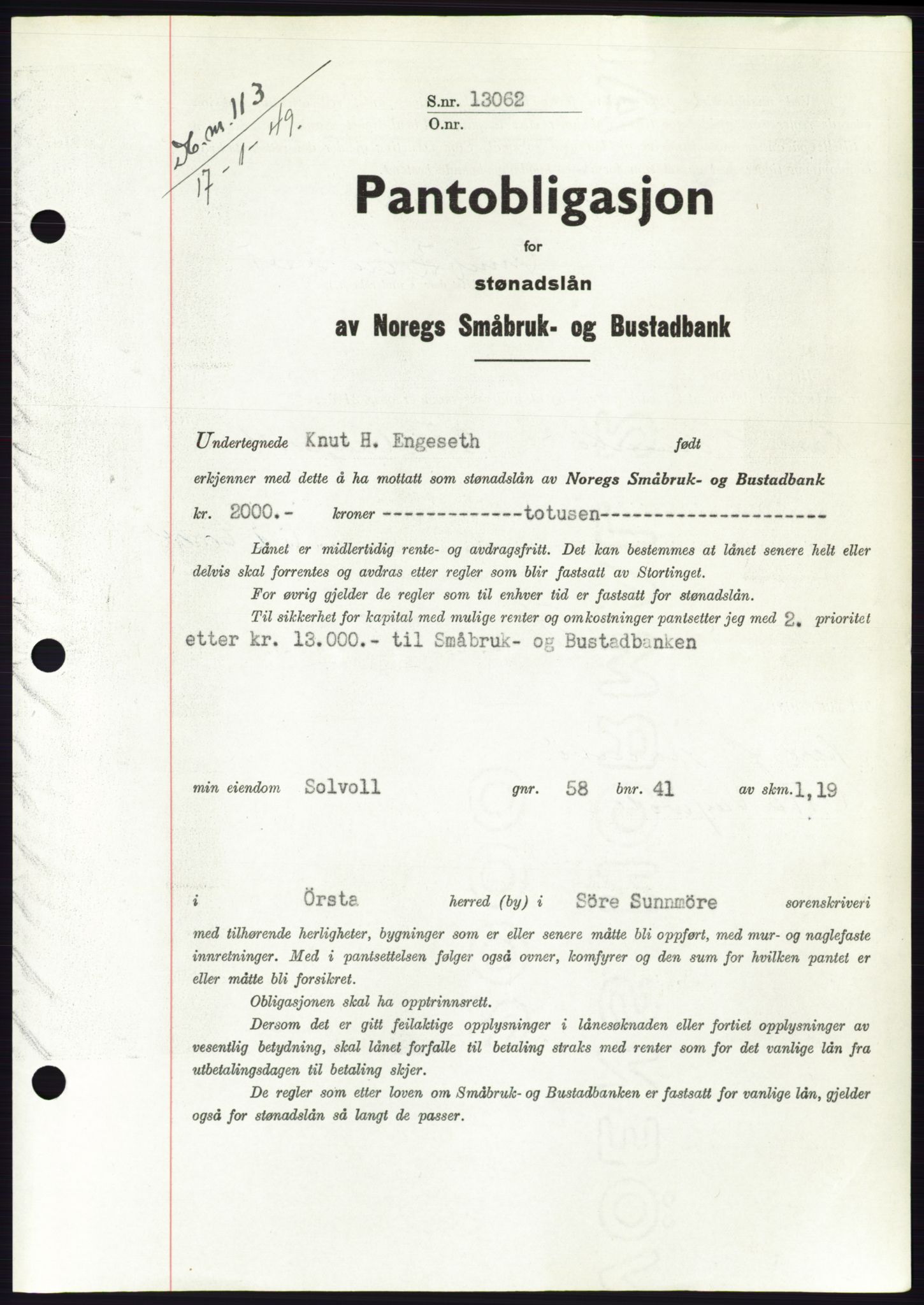 Søre Sunnmøre sorenskriveri, SAT/A-4122/1/2/2C/L0116: Pantebok nr. 4B, 1948-1949, Dagboknr: 113/1949