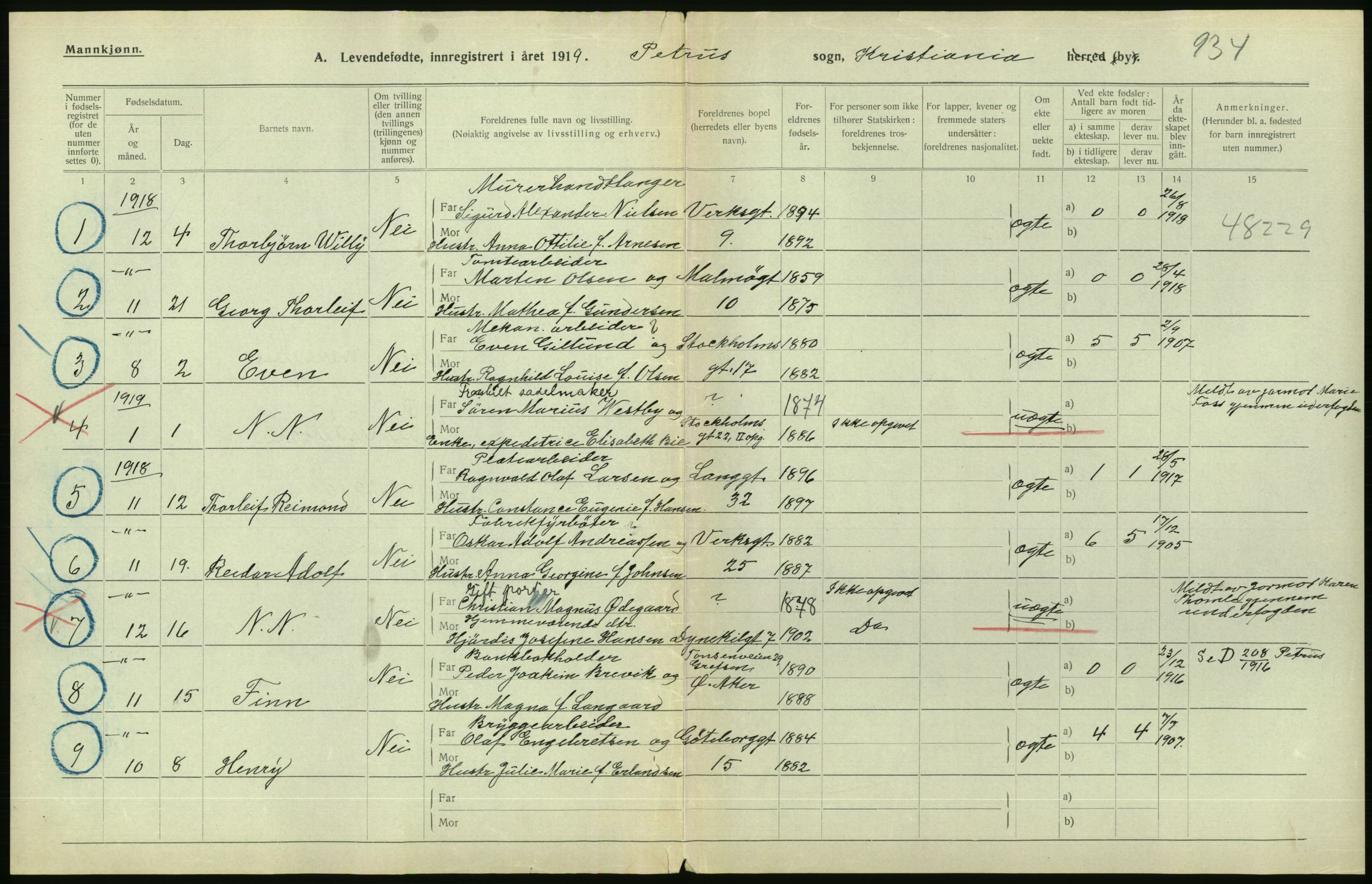 Statistisk sentralbyrå, Sosiodemografiske emner, Befolkning, AV/RA-S-2228/D/Df/Dfb/Dfbi/L0008: Kristiania: Levendefødte menn og kvinner., 1919