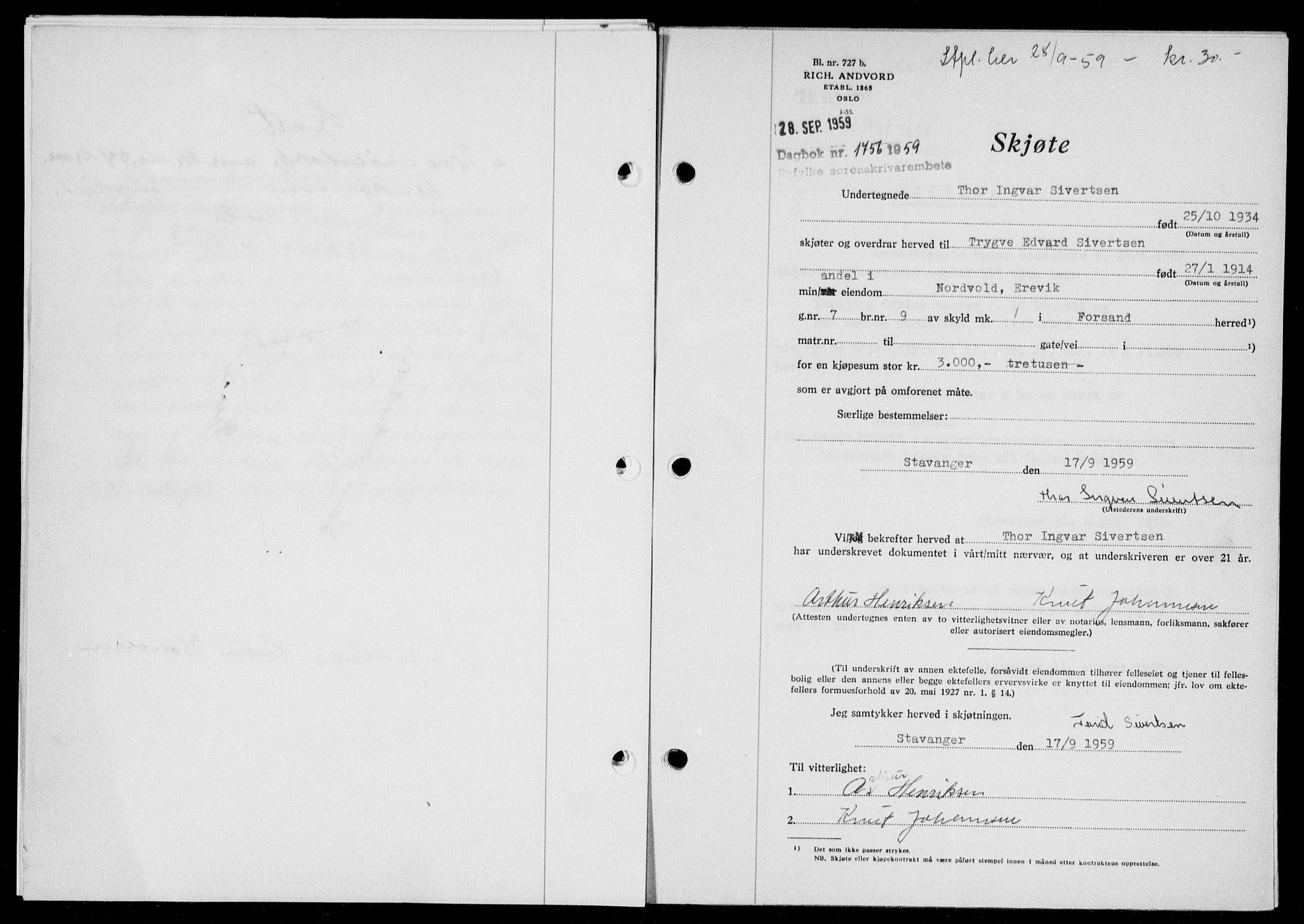 Ryfylke tingrett, AV/SAST-A-100055/001/II/IIB/L0148: Pantebok nr. 127, 1959-1959, Dagboknr: 1756/1959