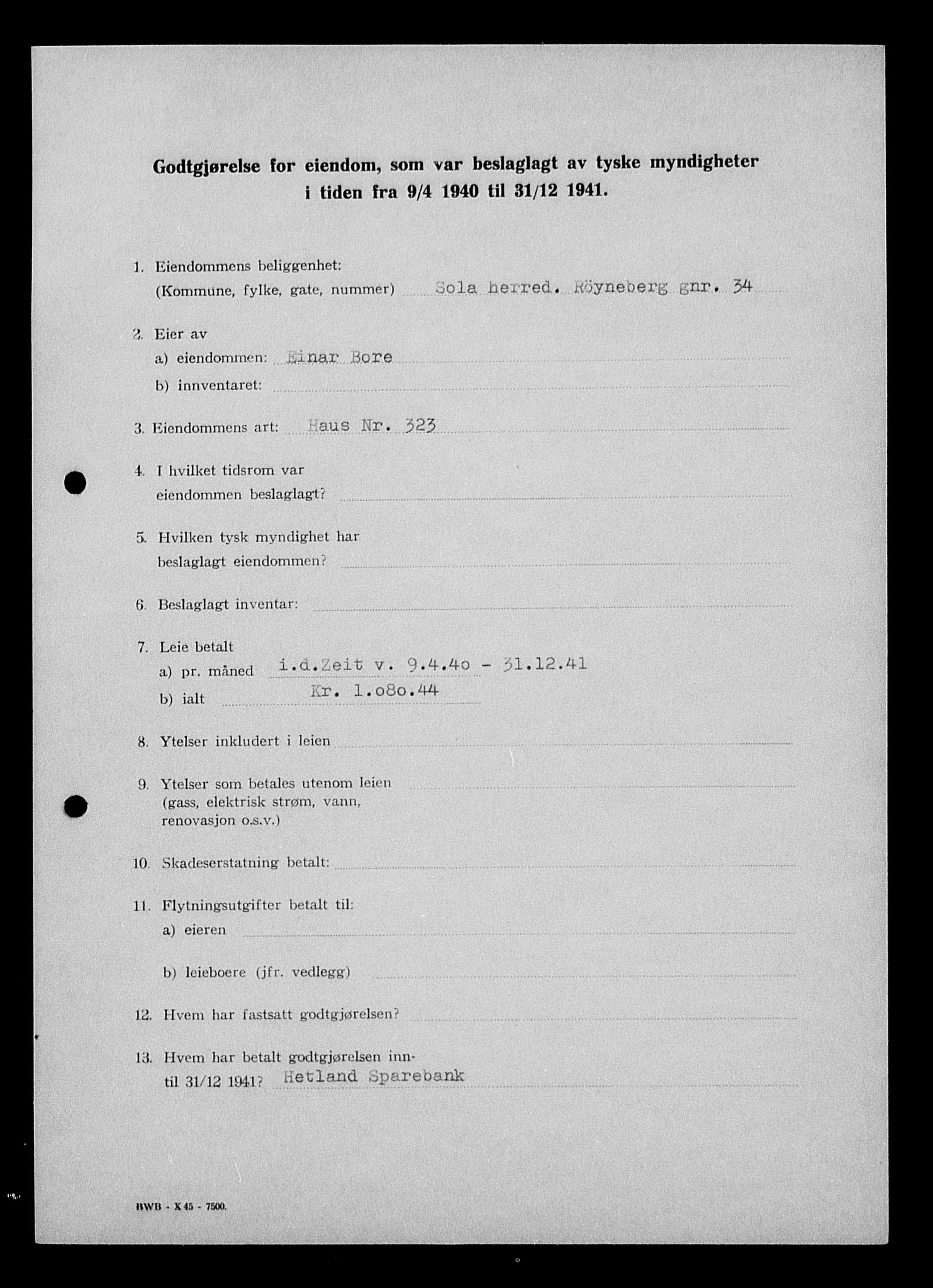 Justisdepartementet, Tilbakeføringskontoret for inndratte formuer, AV/RA-S-1564/I/L1014: Godtgjørelse for beslaglagt eiendom, 1940-1941, s. 189