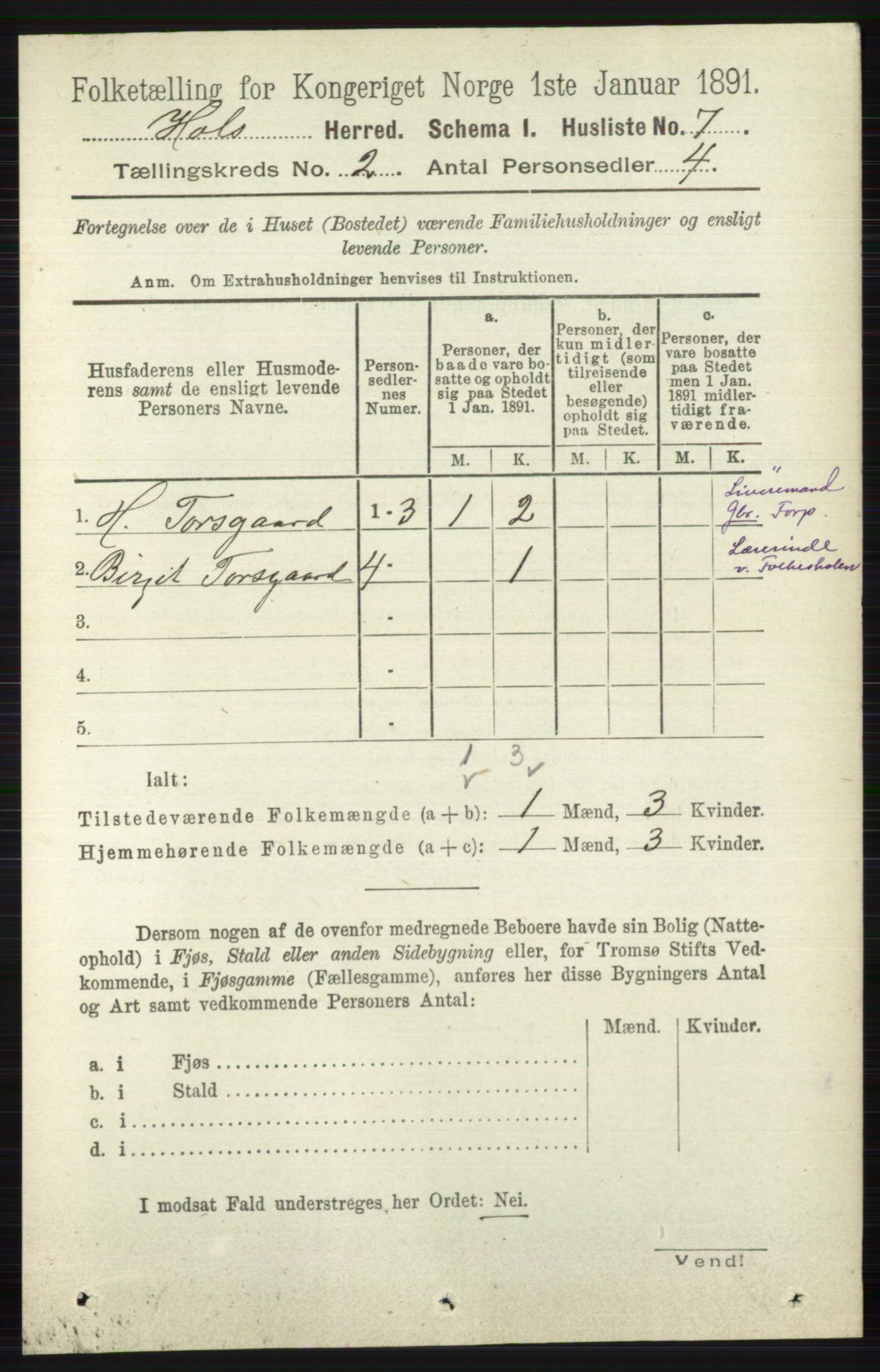 RA, Folketelling 1891 for 0620 Hol herred, 1891, s. 289