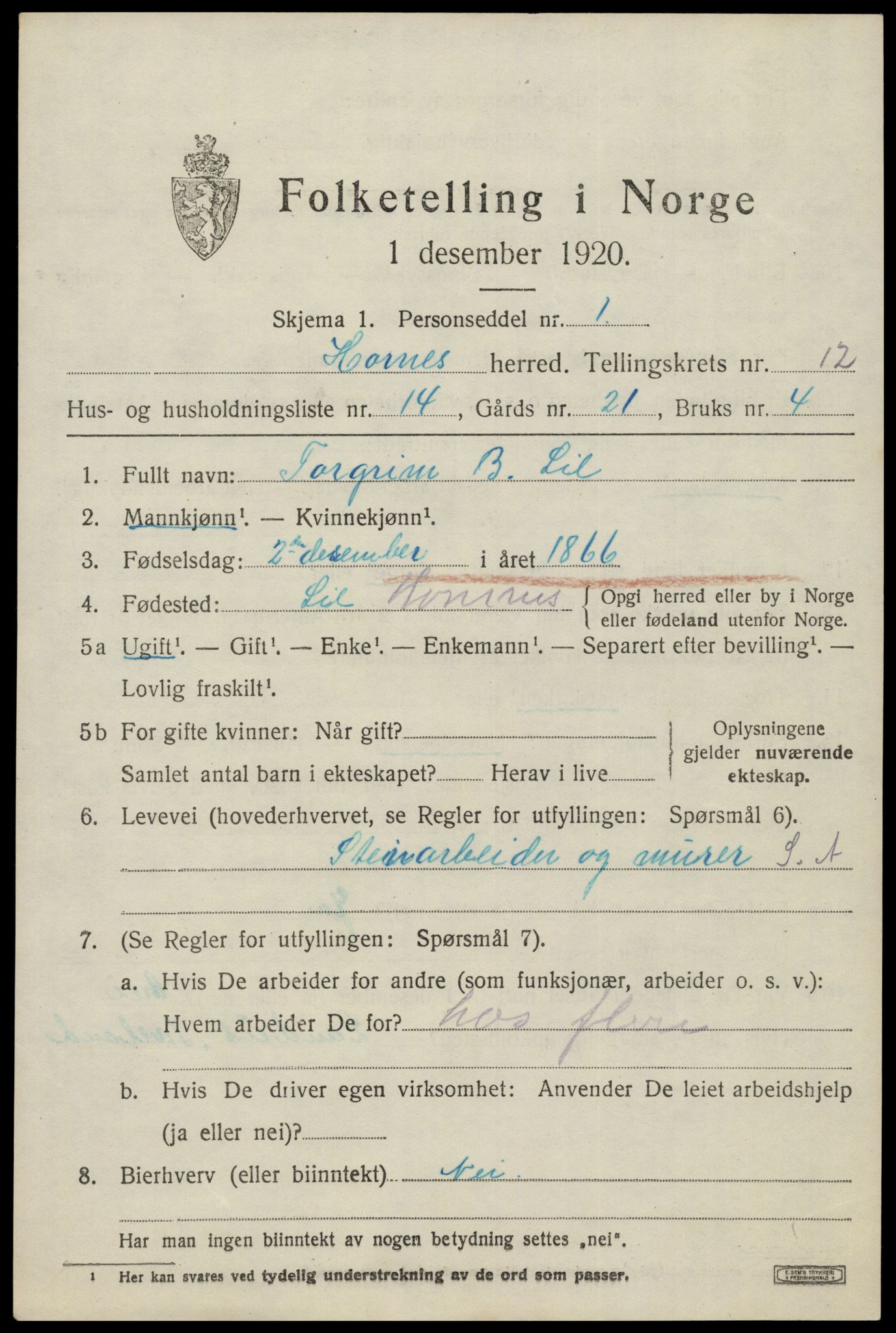 SAK, Folketelling 1920 for 0936 Hornnes herred, 1920, s. 3041