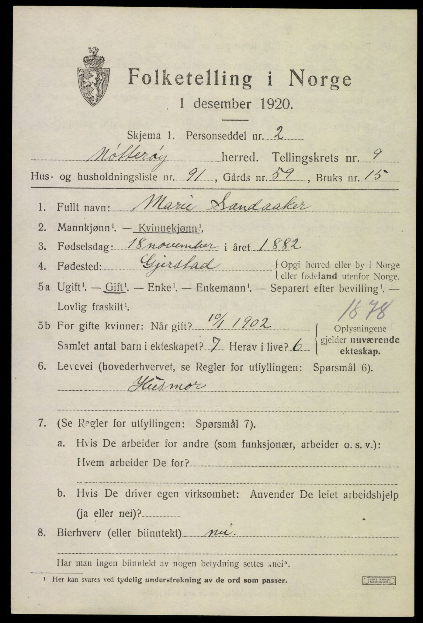 SAKO, Folketelling 1920 for 0722 Nøtterøy herred, 1920, s. 12309