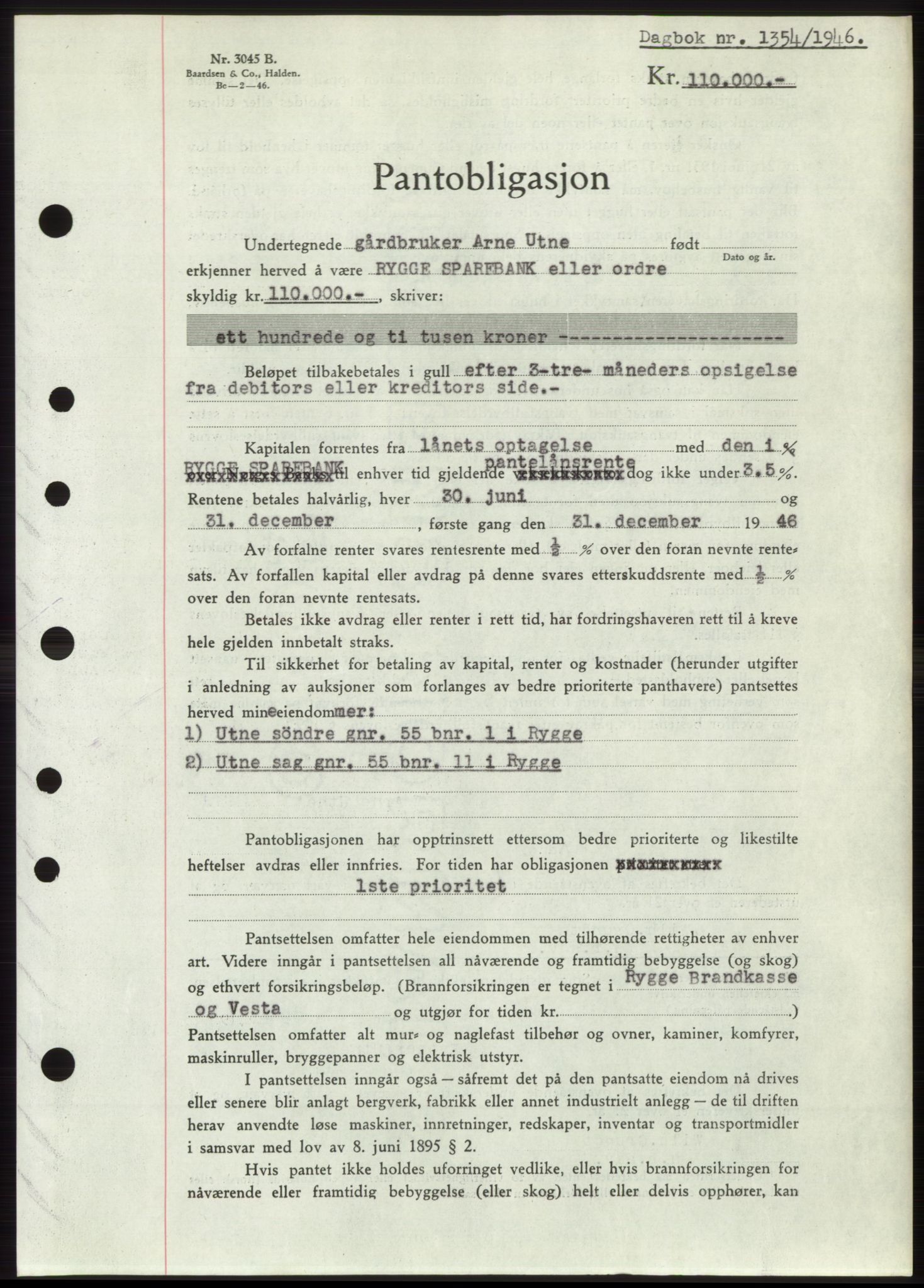 Moss sorenskriveri, SAO/A-10168: Pantebok nr. B15, 1946-1946, Dagboknr: 1354/1946