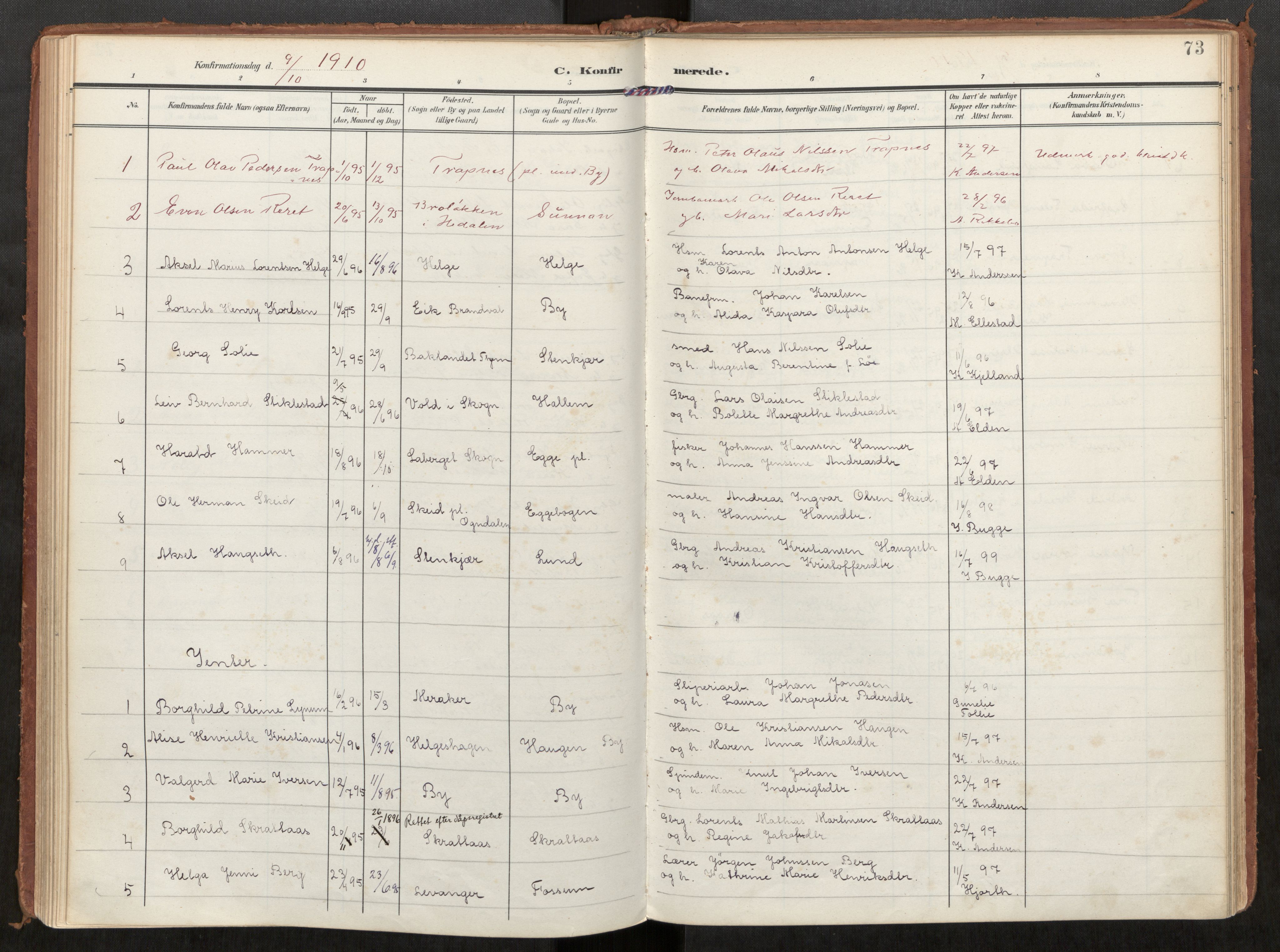 Steinkjer sokneprestkontor, AV/SAT-A-1541/01/H/Ha/Haa/L0002: Ministerialbok nr. 2, 1907-1917, s. 73