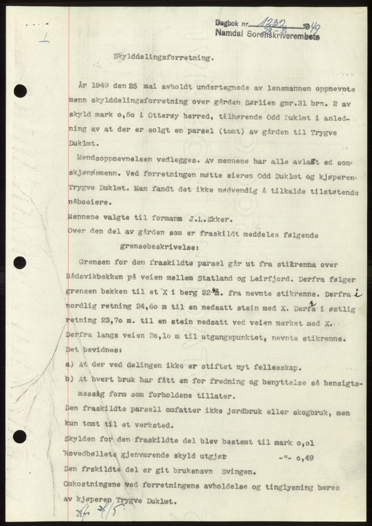Namdal sorenskriveri, SAT/A-4133/1/2/2C: Pantebok nr. -, 1949-1949, Dagboknr: 1232/1949