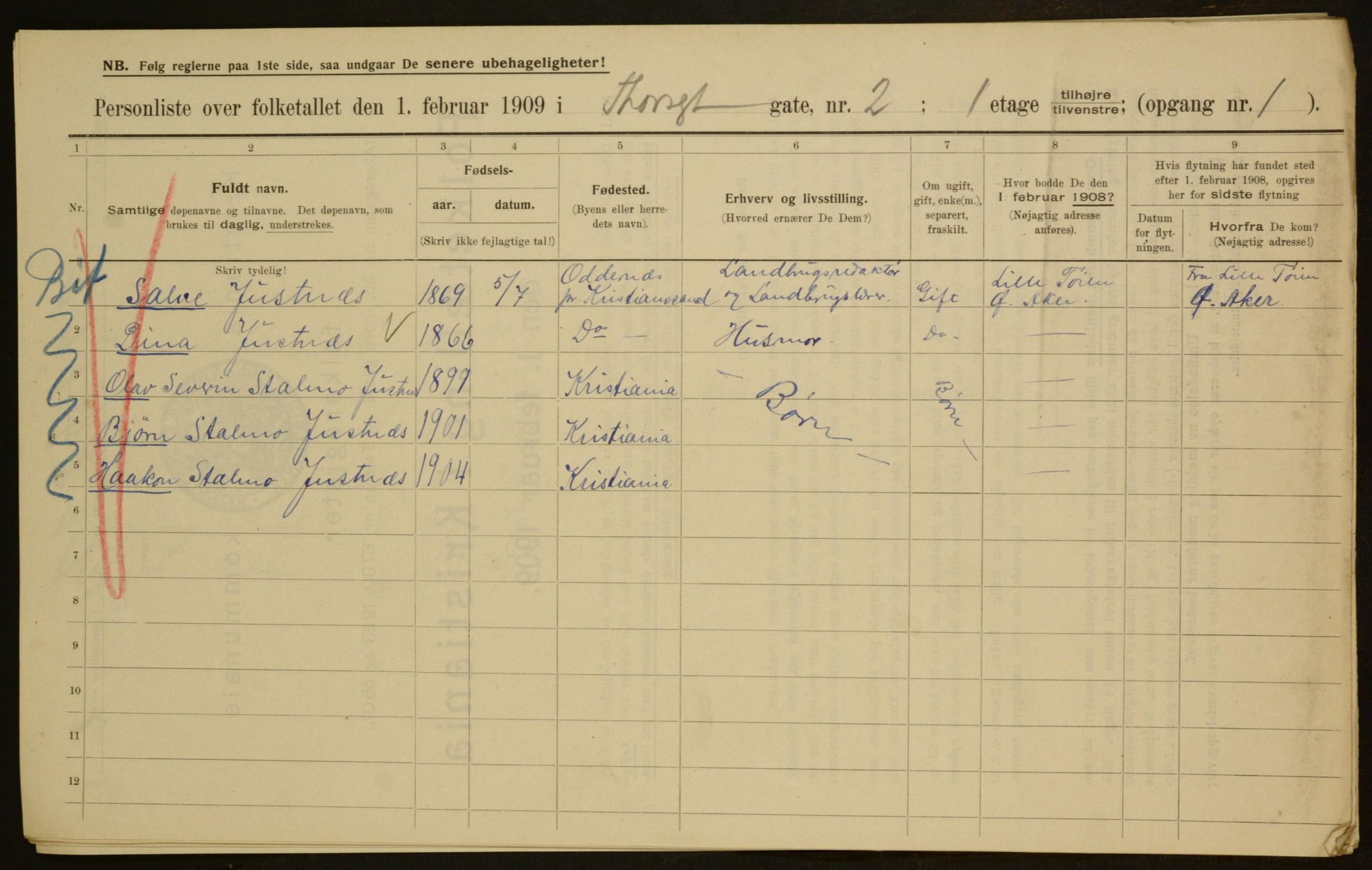 OBA, Kommunal folketelling 1.2.1909 for Kristiania kjøpstad, 1909, s. 103724