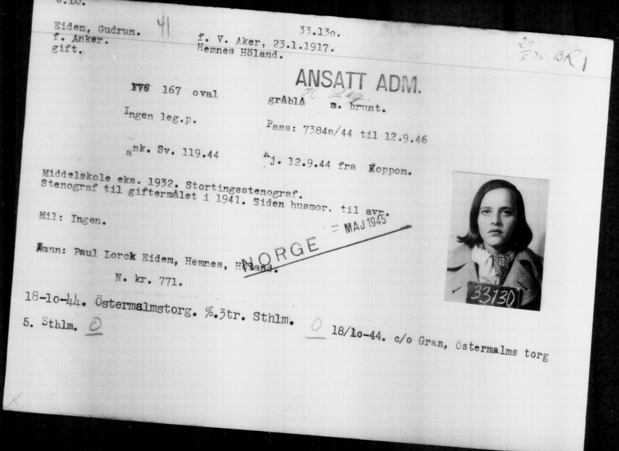 Utenriksstasjonene, Legasjonen i Stockholm, Flyktningkontoret, AV/RA-S-6753/V/Va/L0013: Kjesäterkartoteket, flyktninger med registreringsnr. 31500-34731, 1940-1945, s. 1714