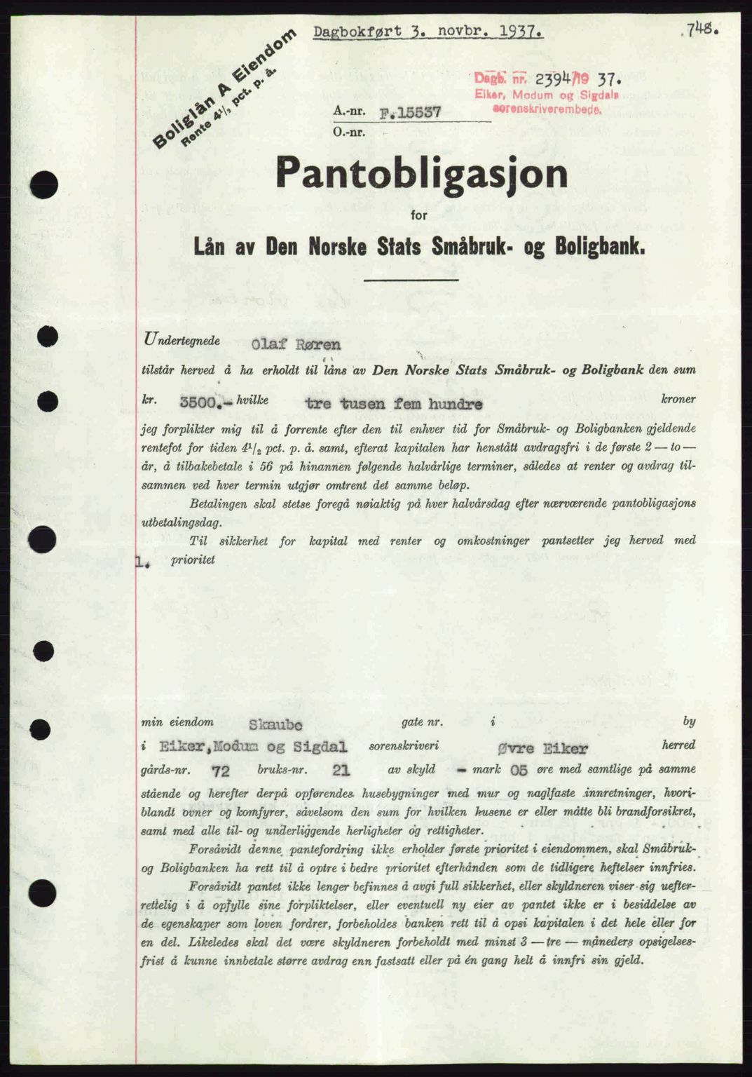 Eiker, Modum og Sigdal sorenskriveri, SAKO/A-123/G/Ga/Gab/L0036: Pantebok nr. A6, 1937-1937, Dagboknr: 2394/1937