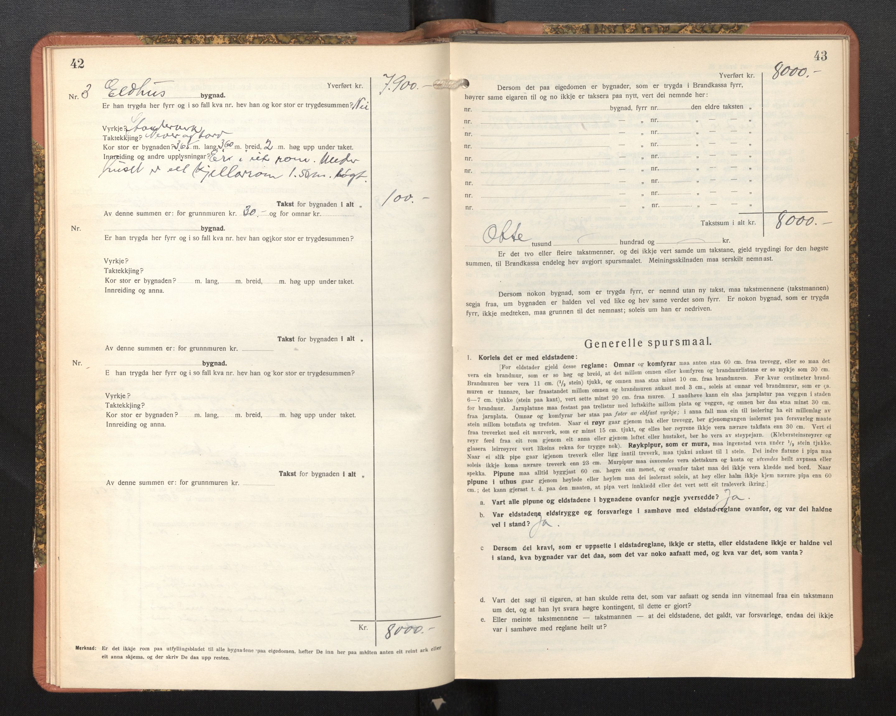 Lensmannen i Evanger, SAB/A-31701/0012/L0006: Branntakstprotokoll, skjematakst, 1936-1955, s. 42-43