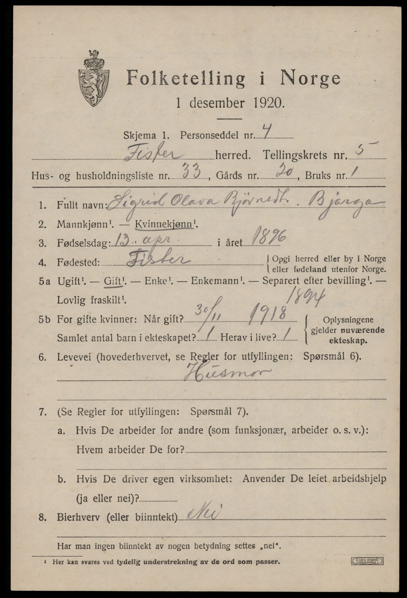 SAST, Folketelling 1920 for 1132 Fister herred, 1920, s. 1651